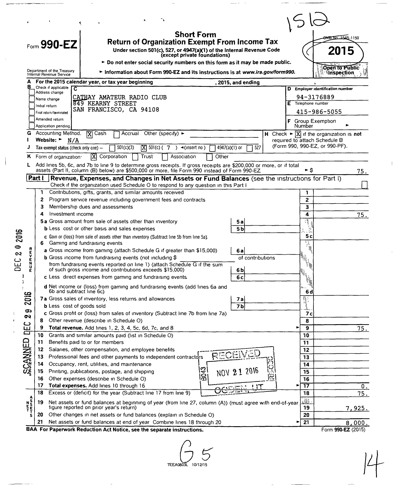 Image of first page of 2015 Form 990EO for Cathay Amateur Radio Club