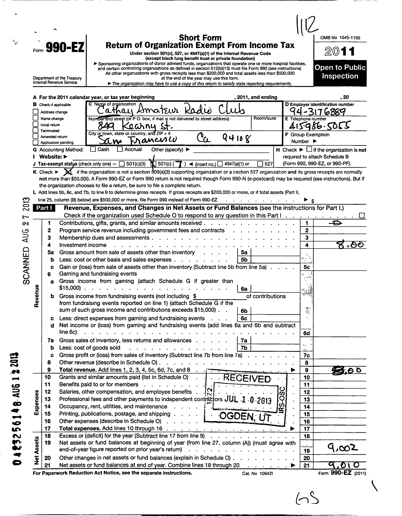 Image of first page of 2011 Form 990EO for Cathay Amateur Radio Club