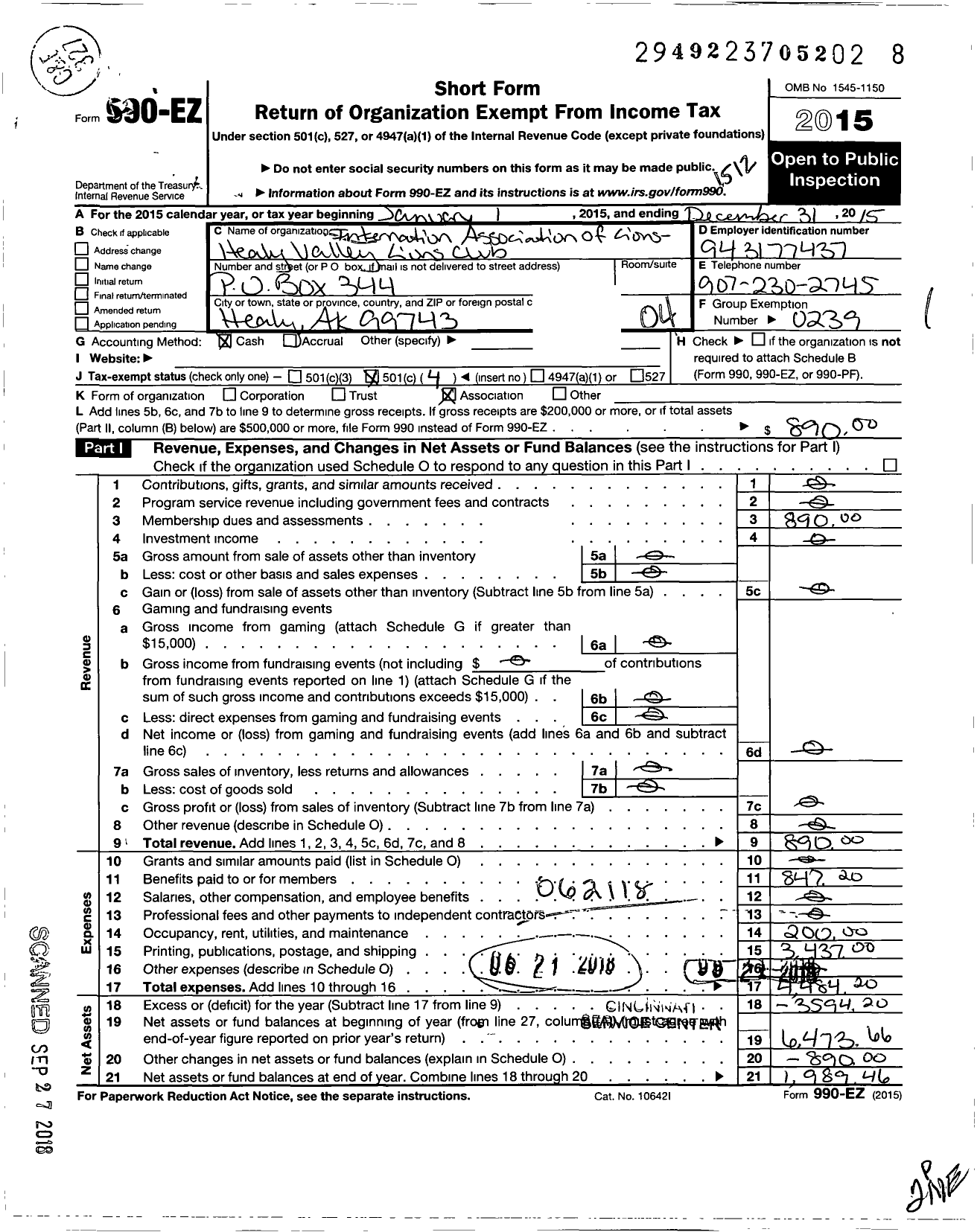 Image of first page of 2015 Form 990EO for International Association of Lions Club