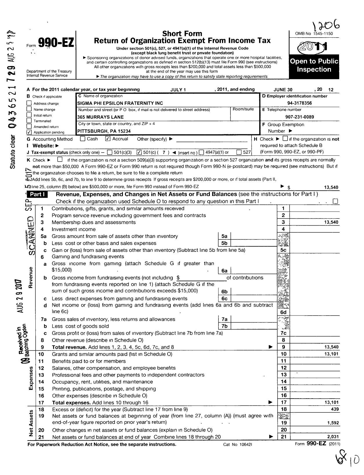 Image of first page of 2011 Form 990EO for Sigma Phi Epsilon Fraternity