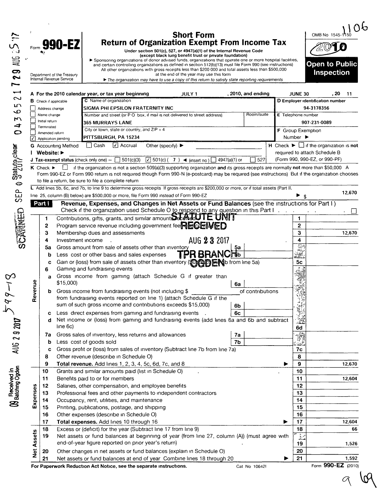 Image of first page of 2010 Form 990EO for Sigma Phi Epsilon Fraternity