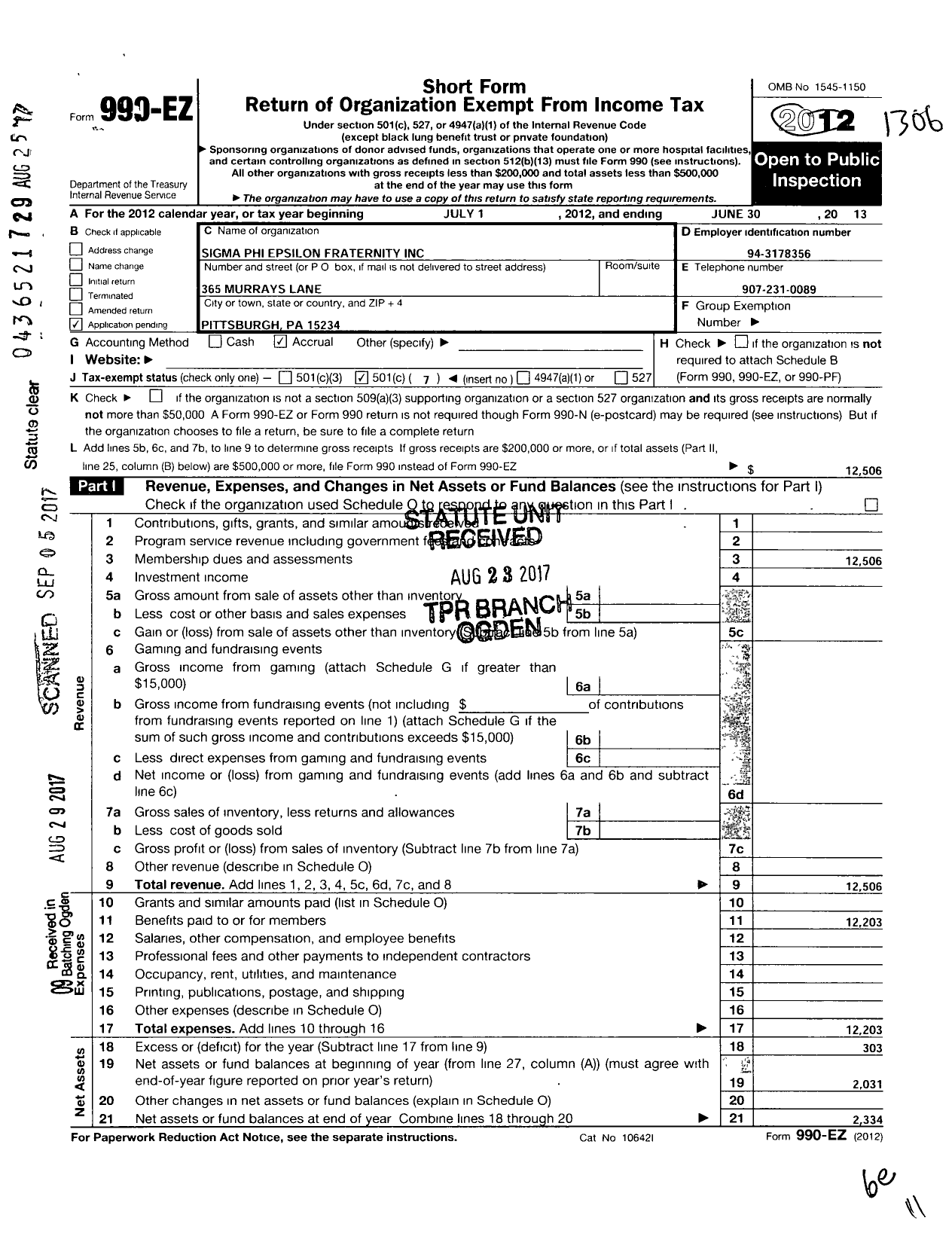 Image of first page of 2012 Form 990EO for Sigma Phi Epsilon Fraternity