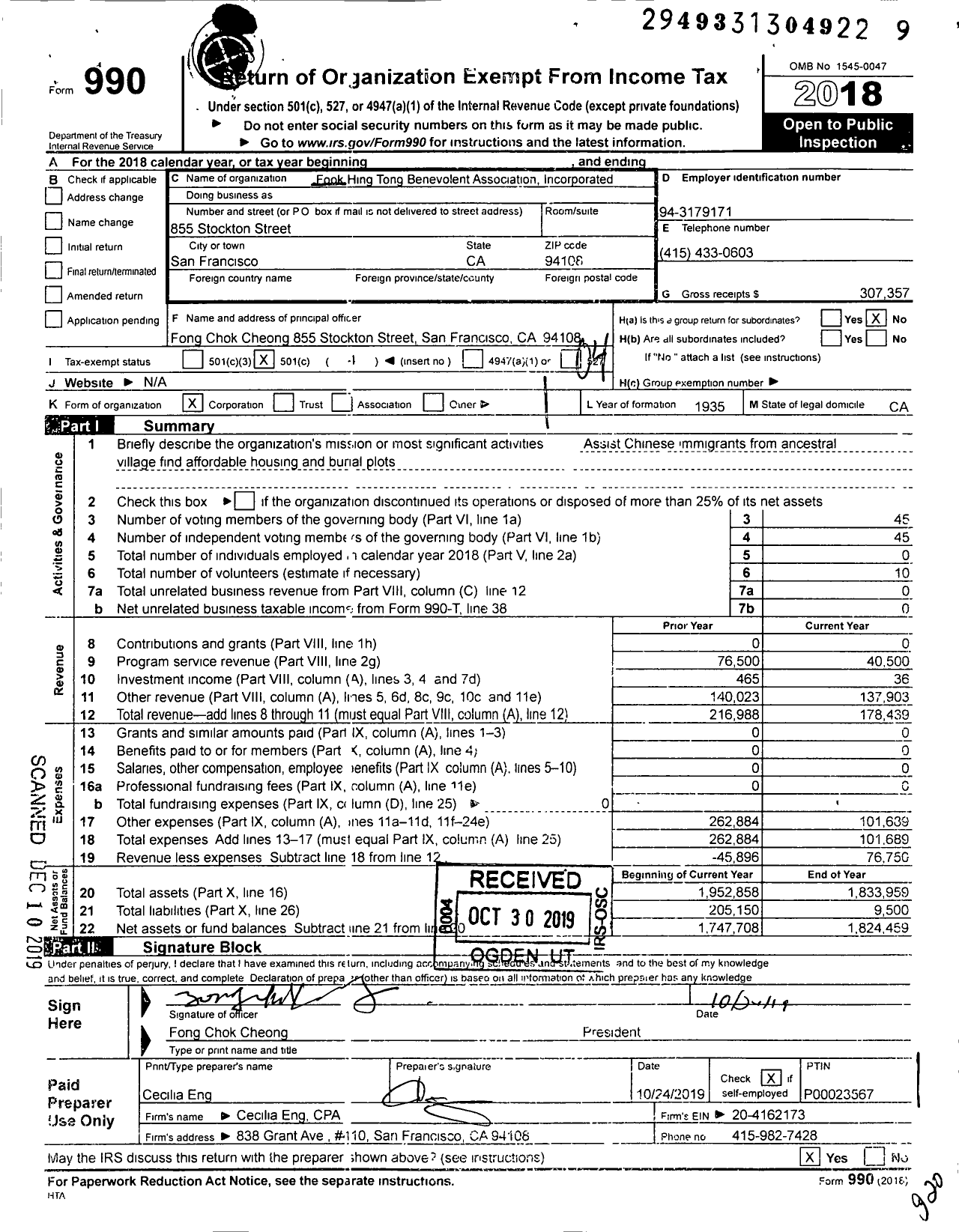 Image of first page of 2018 Form 990O for Fook Hing Tong Benevolent Association Incorporated