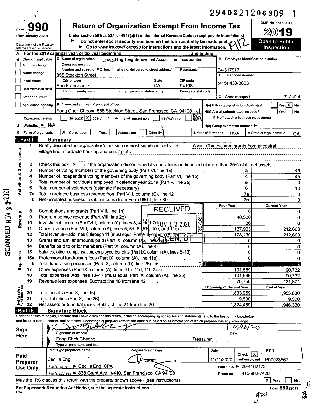 Image of first page of 2019 Form 990O for Fook Hing Tong Benevolent Association Incorporated