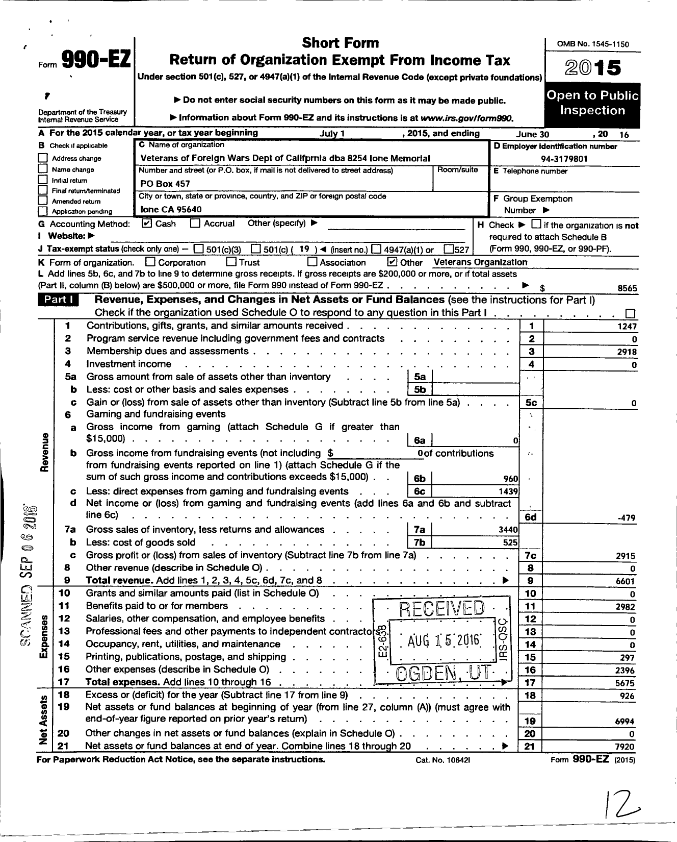 Image of first page of 2015 Form 990EO for Ione Memorial Post No 8254 Veterans of Foreign Wars USA