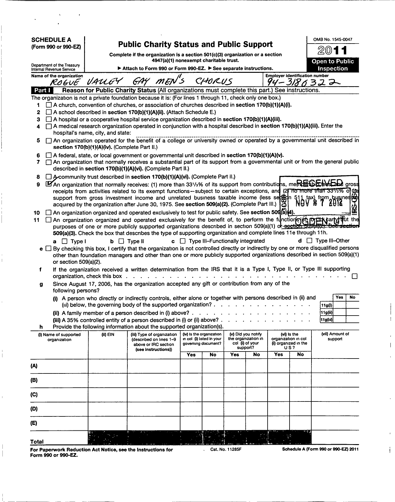 Image of first page of 2011 Form 990ER for Rogue Valley Gay Mens Chorus