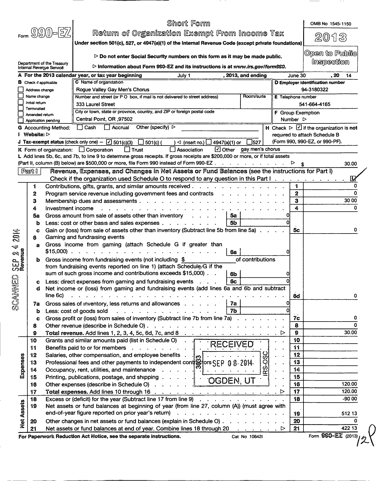 Image of first page of 2013 Form 990EZ for Rogue Valley Gay Mens Chorus