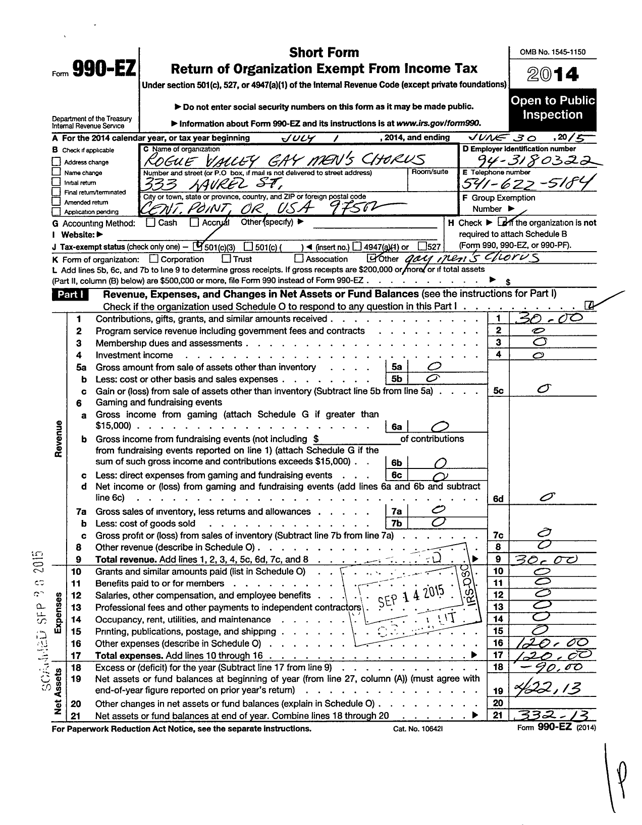 Image of first page of 2014 Form 990EZ for Rogue Valley Gay Mens Chorus