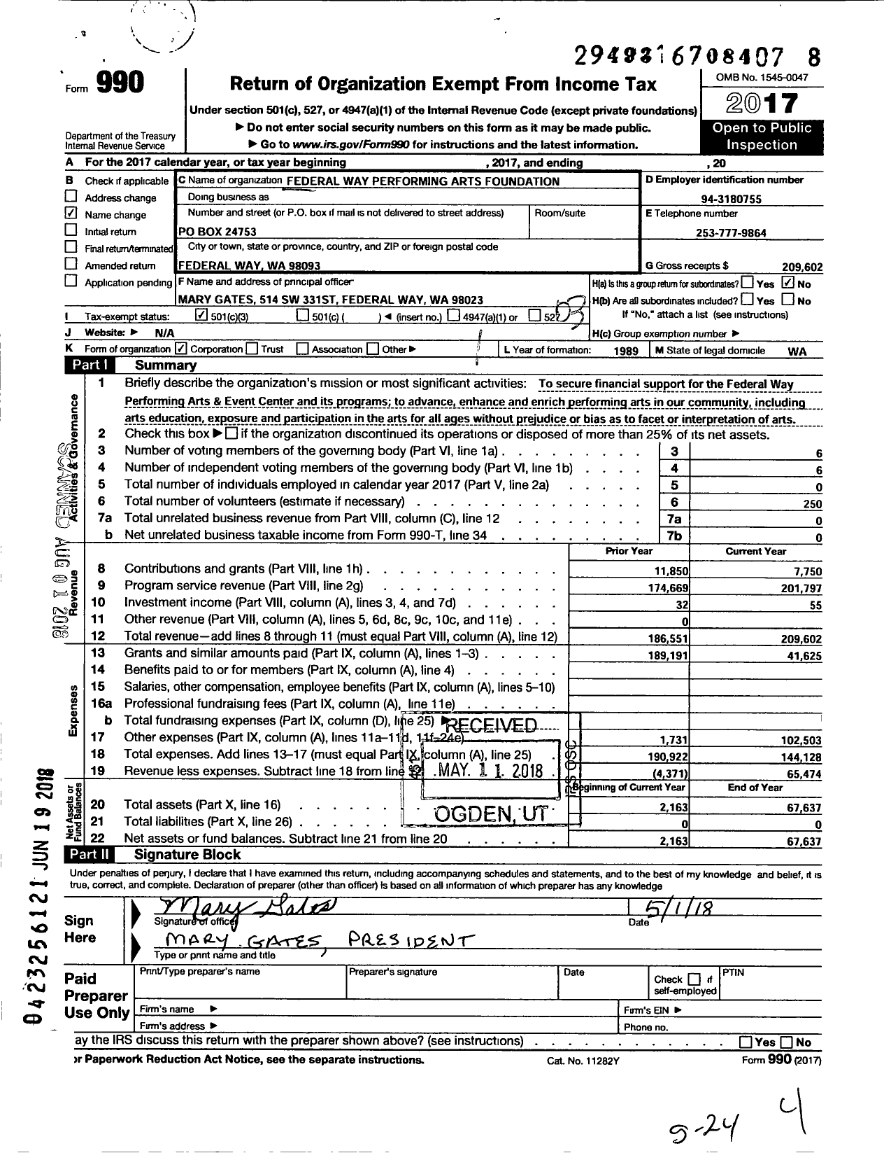 Image of first page of 2017 Form 990 for Arts Foundation Federal Way