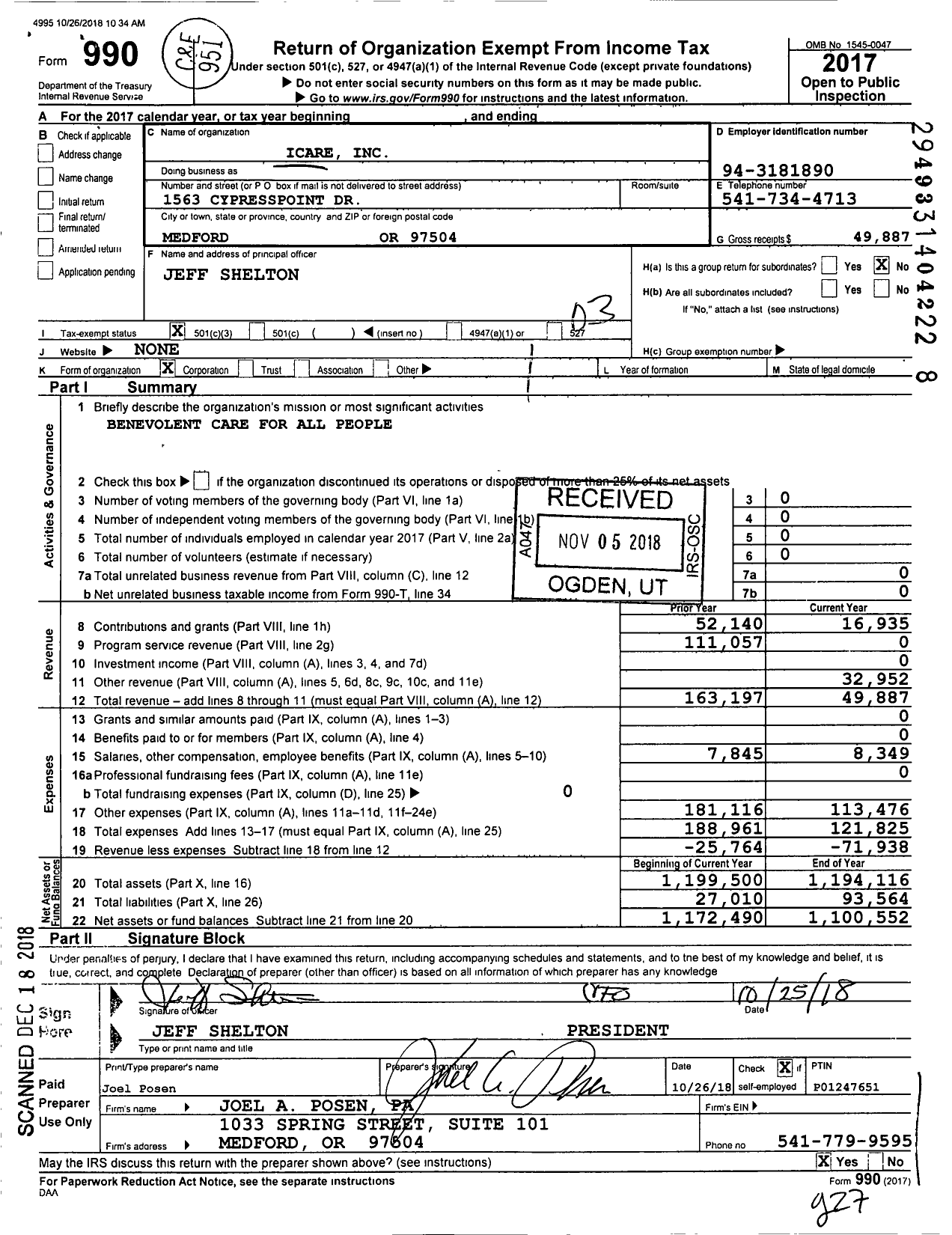 Image of first page of 2017 Form 990 for Icare