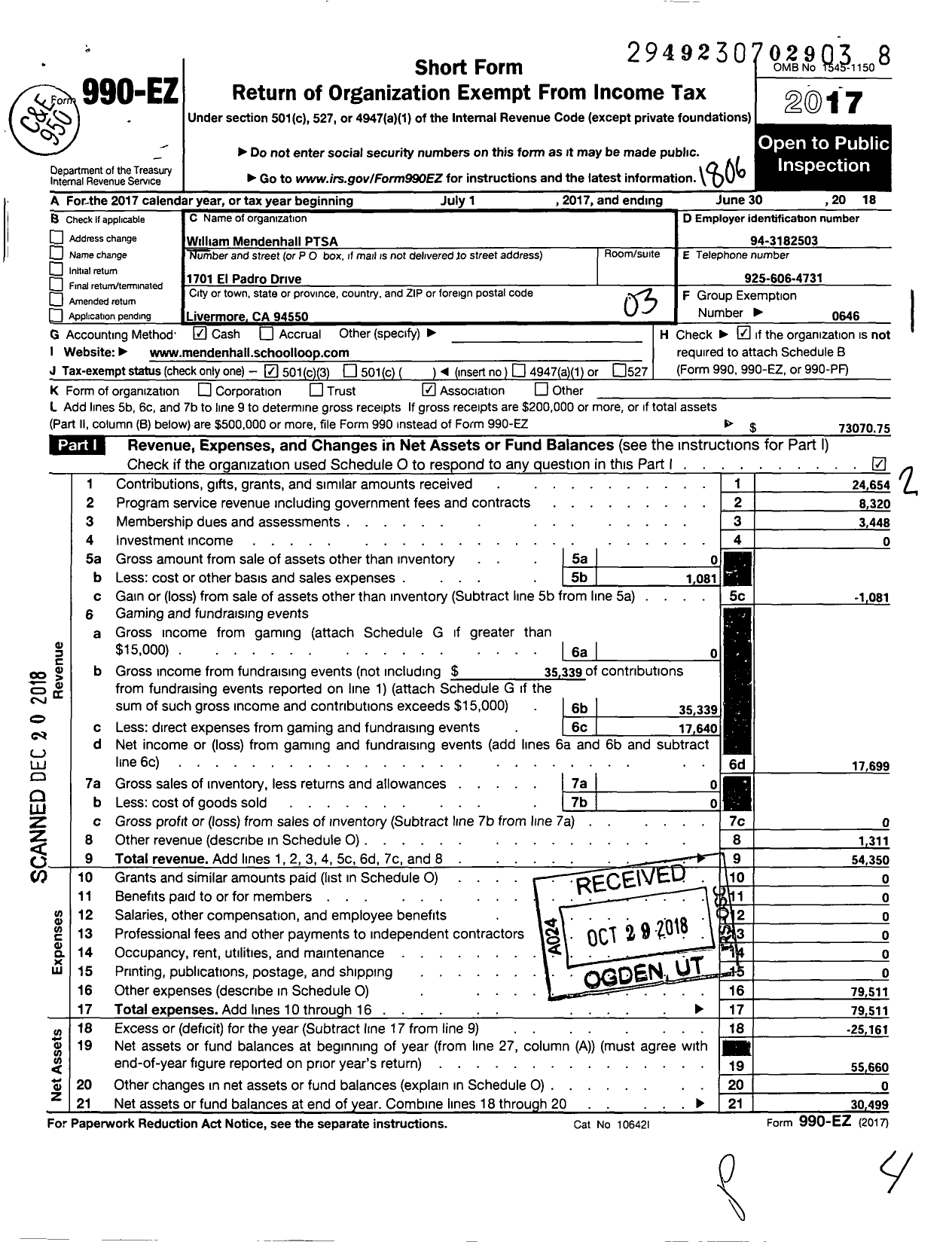 Image of first page of 2017 Form 990EZ for California State PTA - 4934 William Mendenhall PTSA