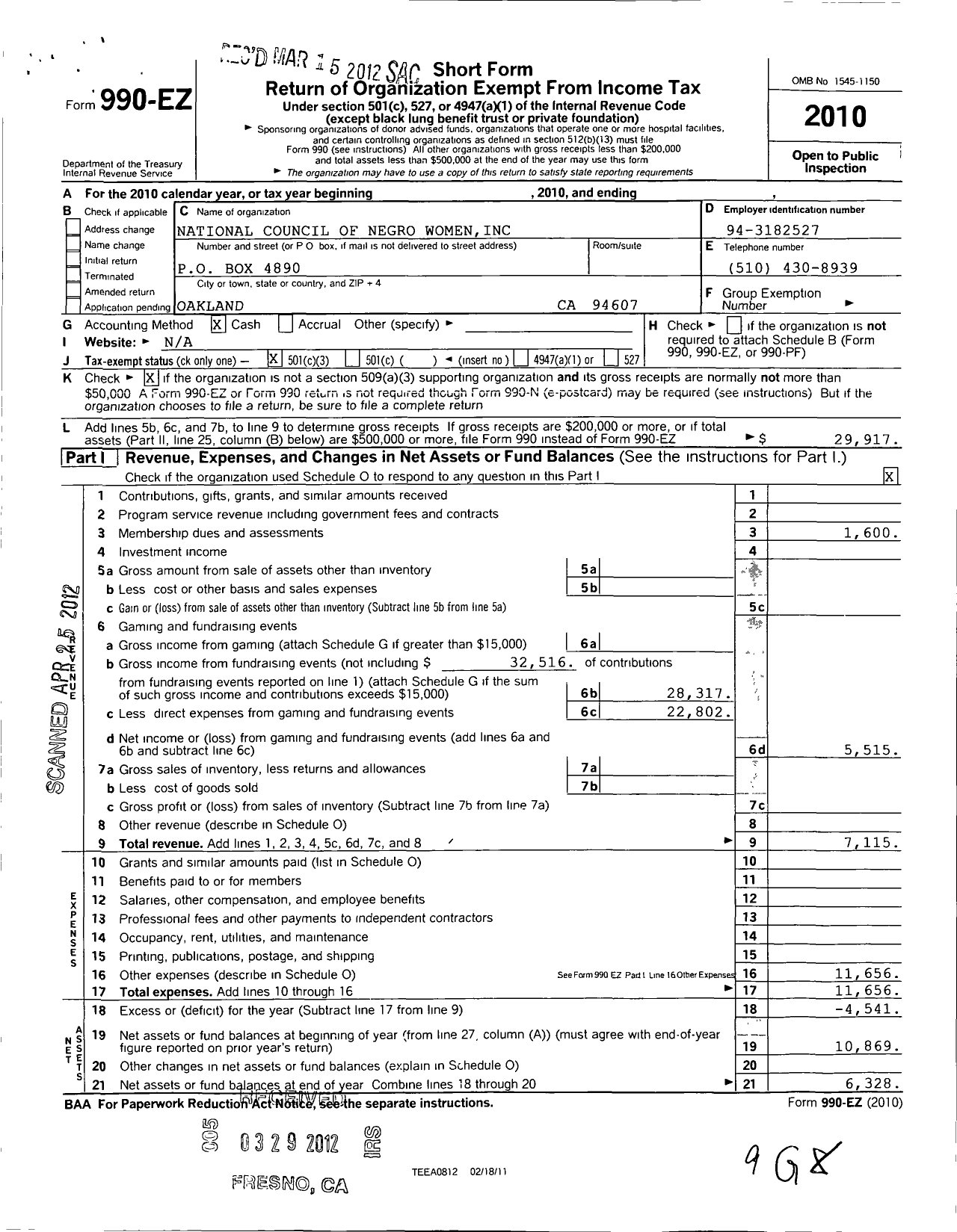 Image of first page of 2010 Form 990EZ for National Council of Negro Women / Ca013 East Oakland-Hayward Section