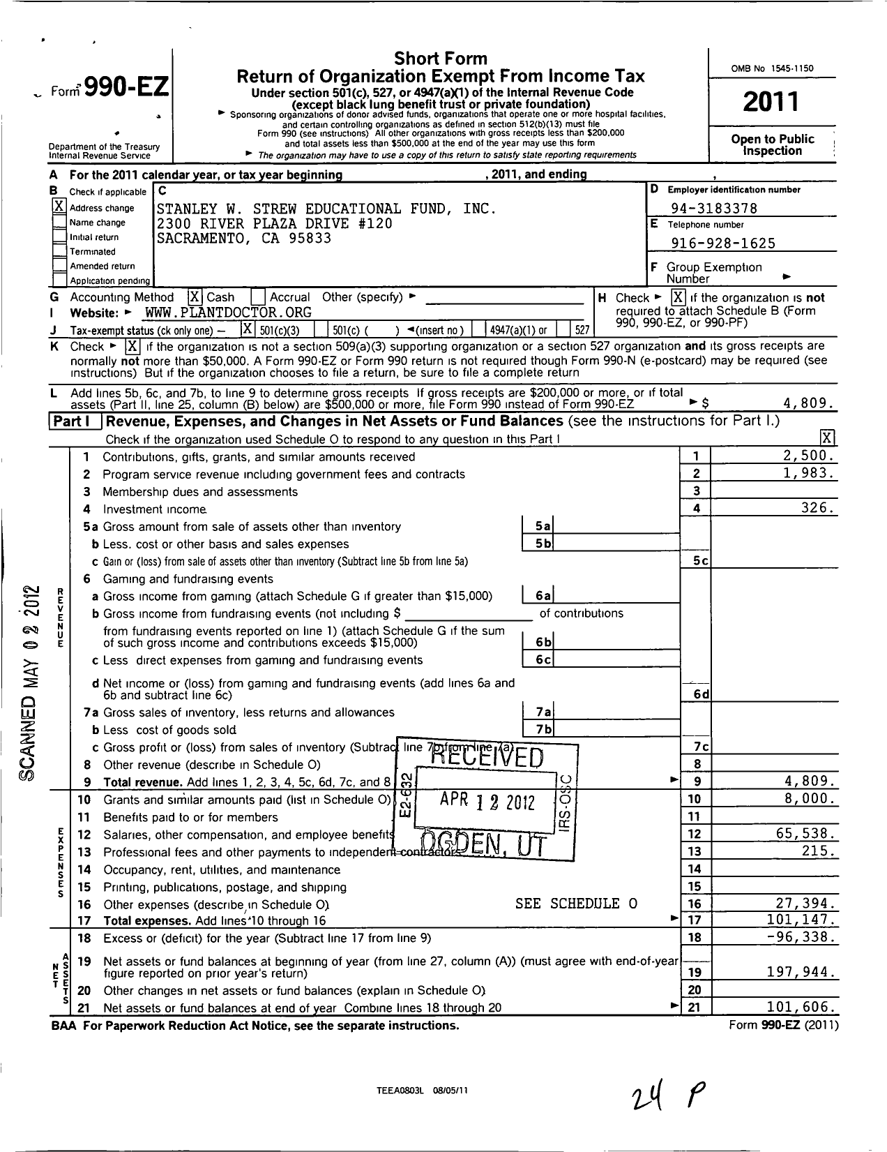 Image of first page of 2011 Form 990EZ for Stanley W Strew Educational Fund