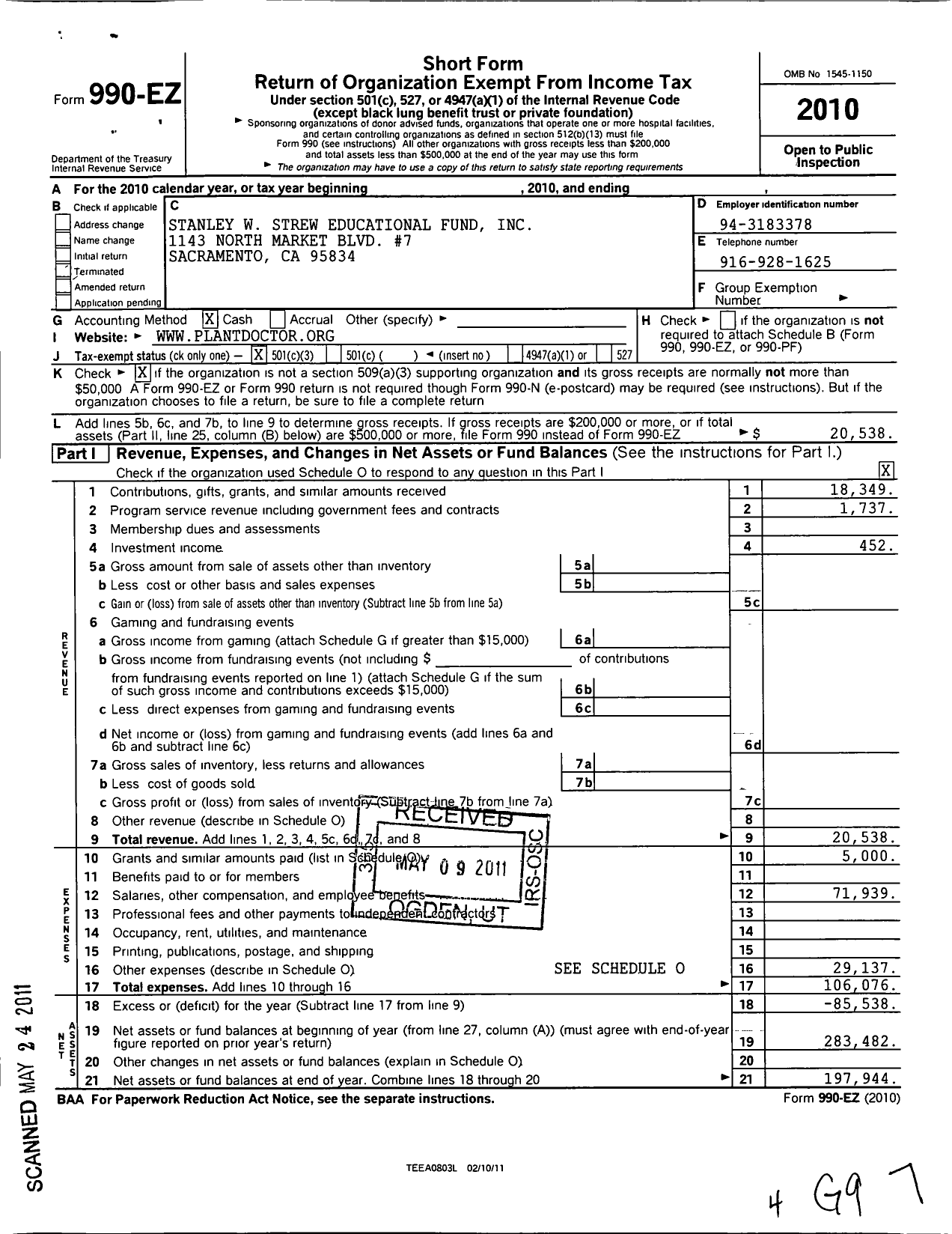 Image of first page of 2010 Form 990EZ for Stanley W Strew Educational Fund