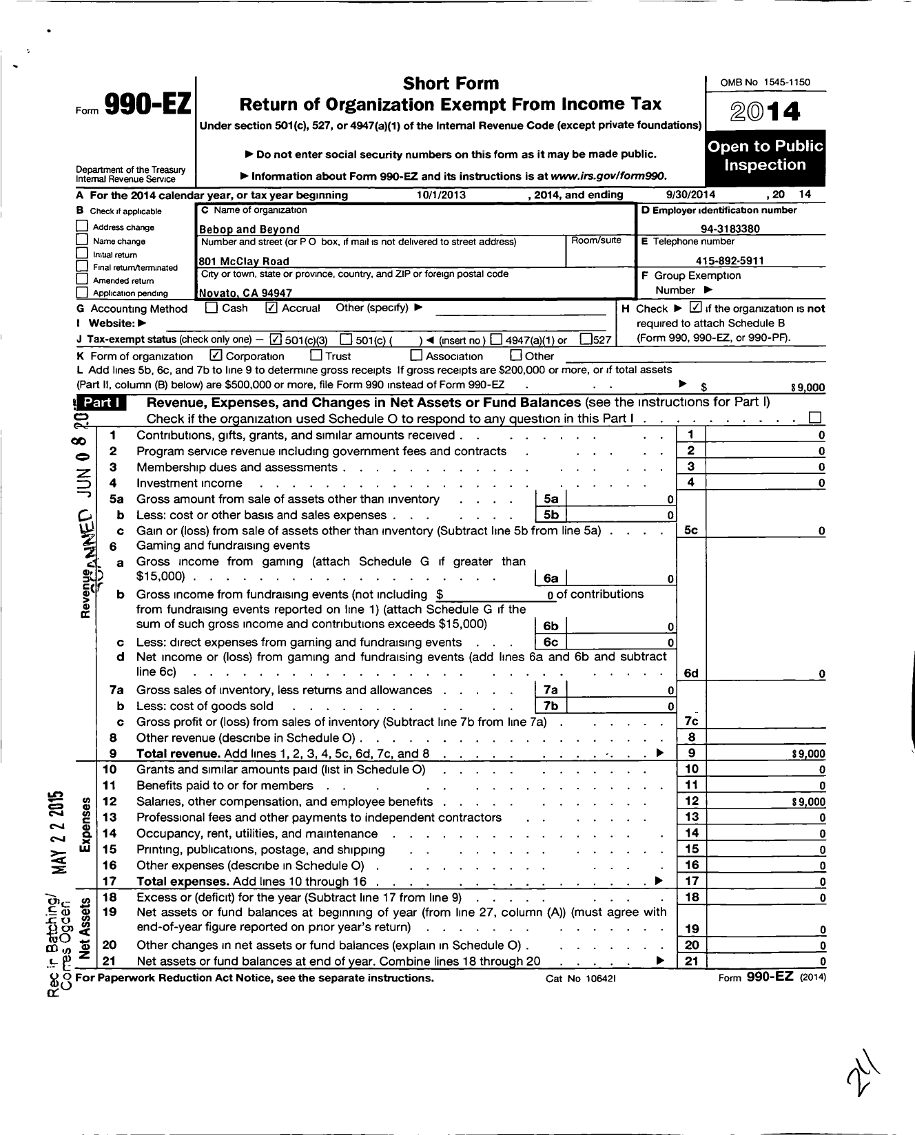 Image of first page of 2013 Form 990EZ for Bebop and Beyond