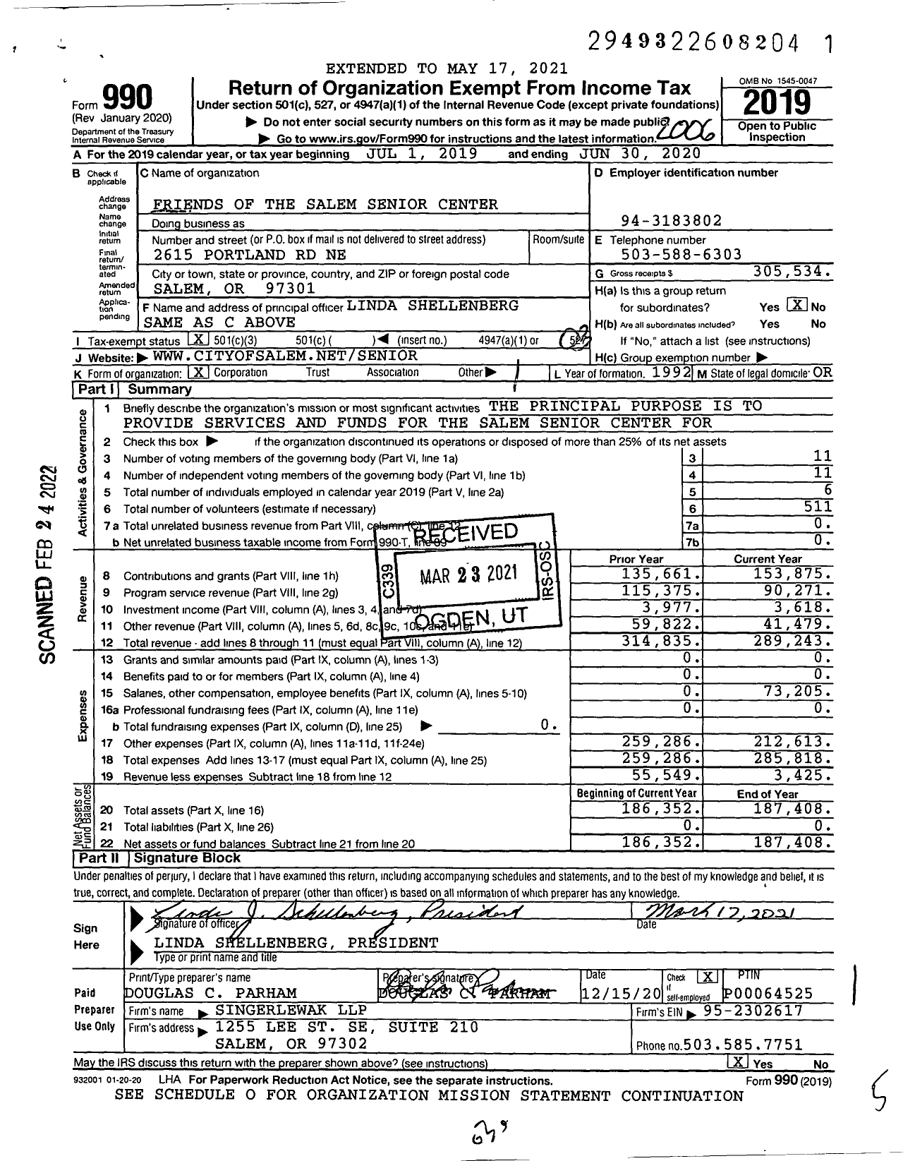 Image of first page of 2019 Form 990 for Friends of the Salem Senior Center