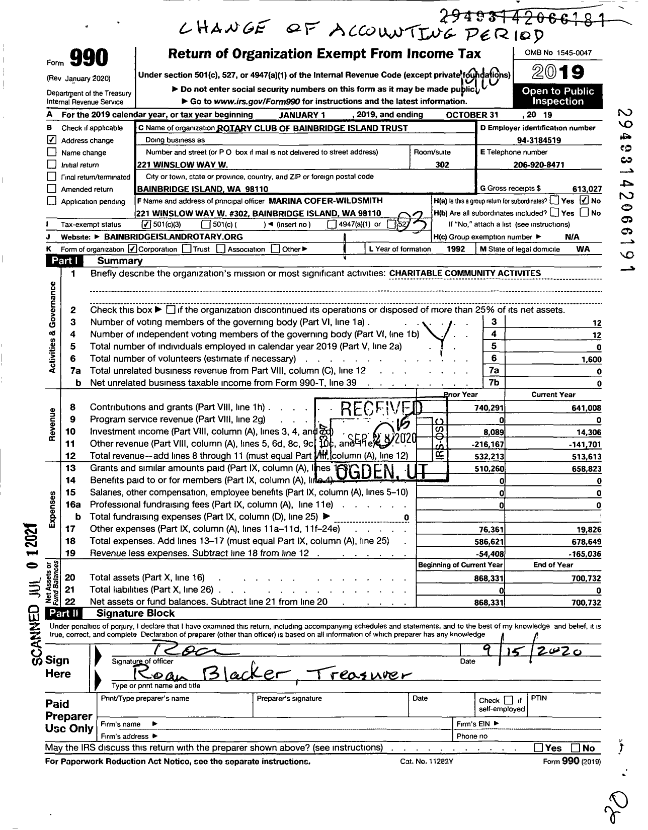 Image of first page of 2018 Form 990 for Rotary Club of Bainbridge Island Trust