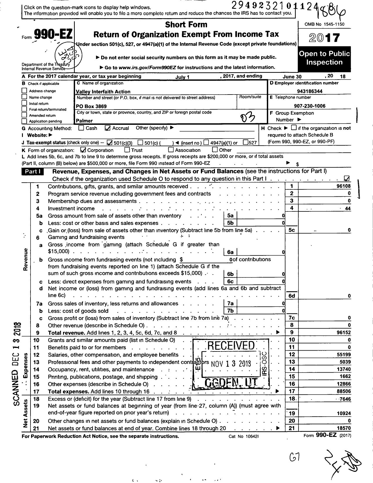 Image of first page of 2017 Form 990EZ for Valley Interfaith Action