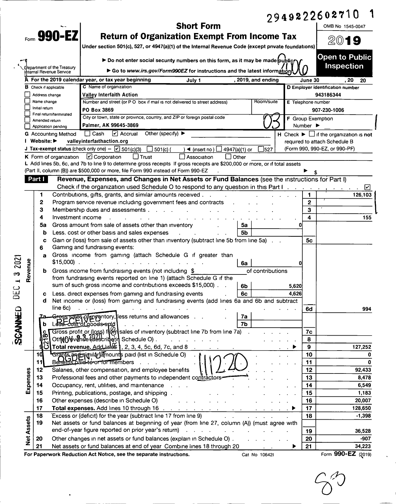 Image of first page of 2019 Form 990EZ for Valley Interfaith Action