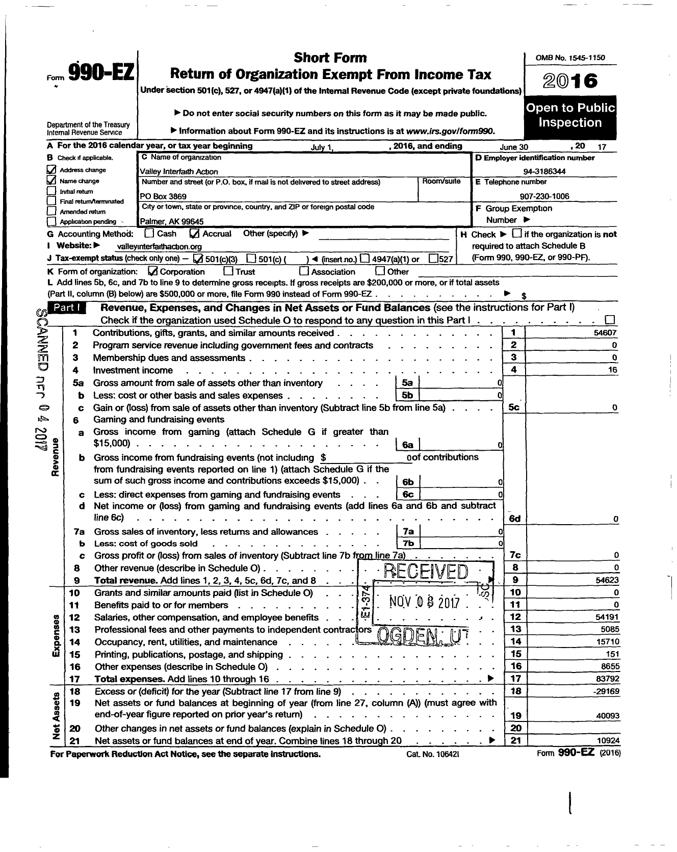 Image of first page of 2016 Form 990EZ for Valley Interfaith Action