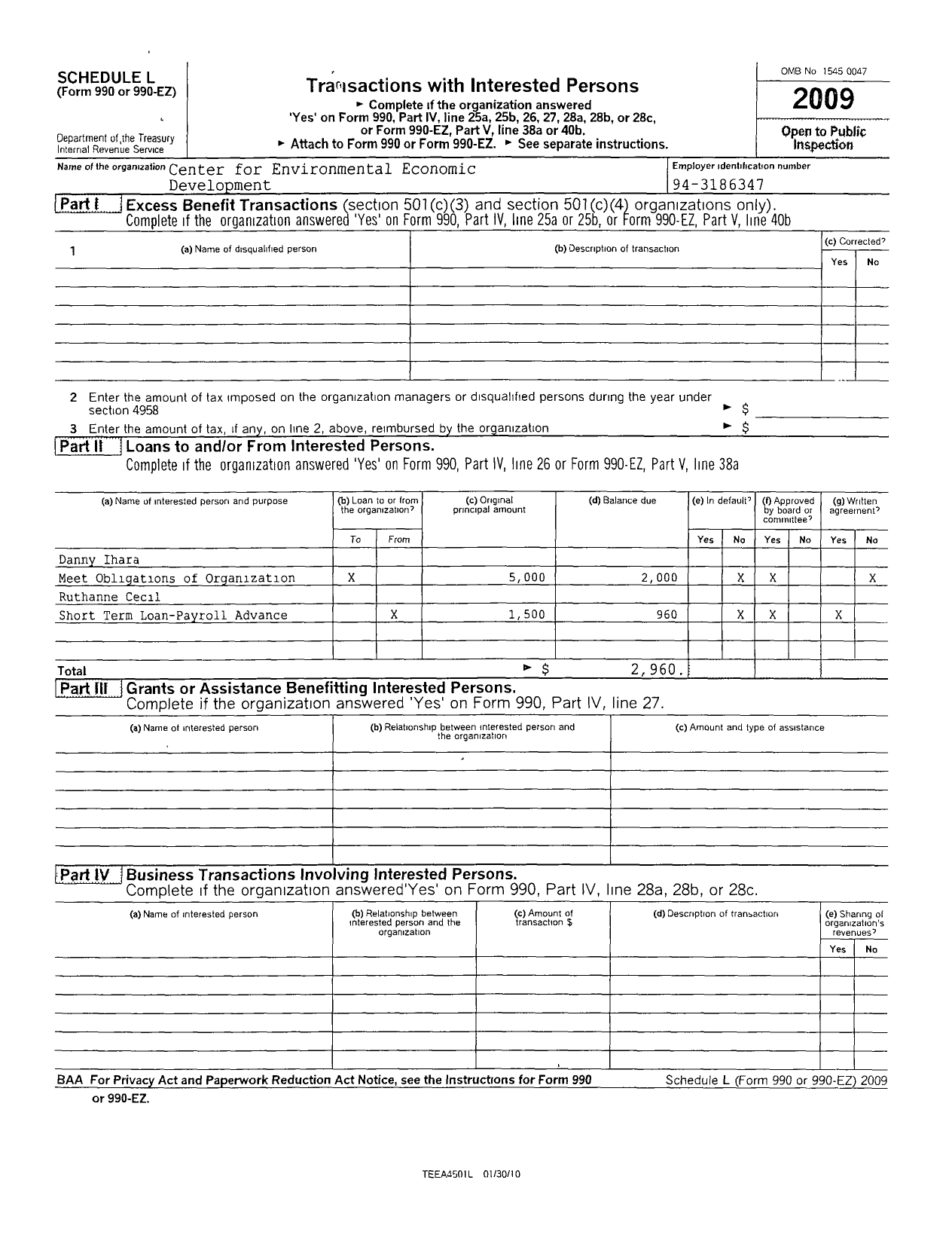 Image of first page of 2009 Form 990ER for Center for Environmental Economic Development