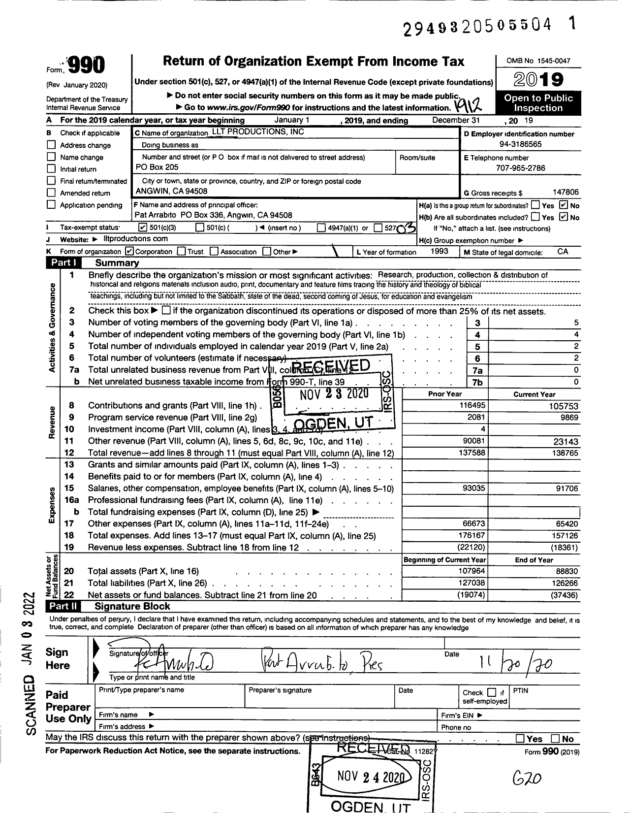 Image of first page of 2019 Form 990 for LLT Productions