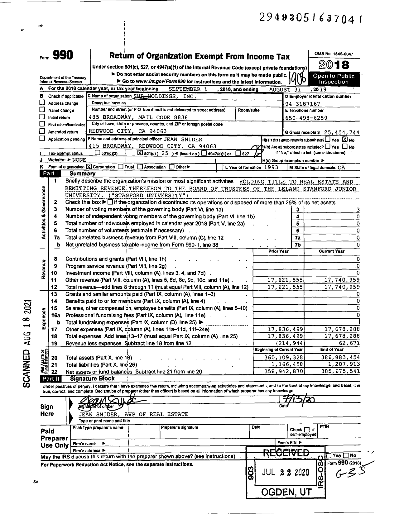 Image of first page of 2018 Form 990O for SHR Holdings