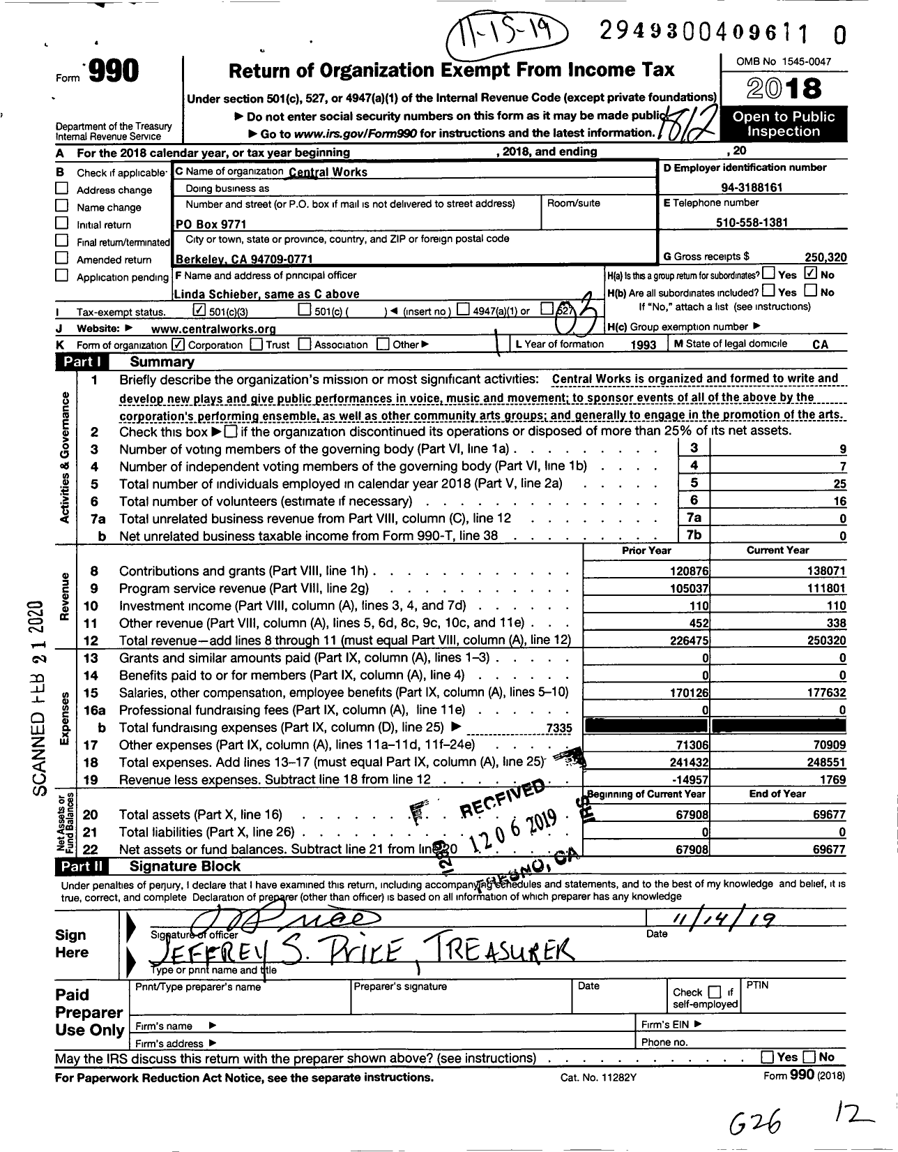 Image of first page of 2018 Form 990 for Central Works