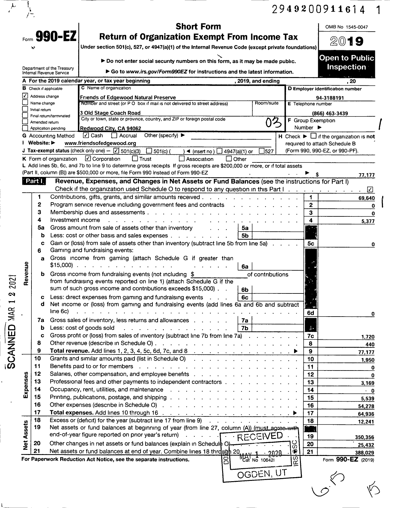 Image of first page of 2019 Form 990EZ for Friends of Edgewood Natural Preserve