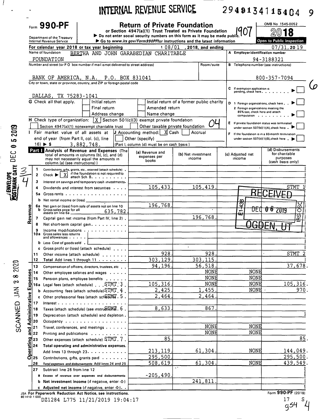 Image of first page of 2018 Form 990PF for Bertha and John Garabedian Charitable