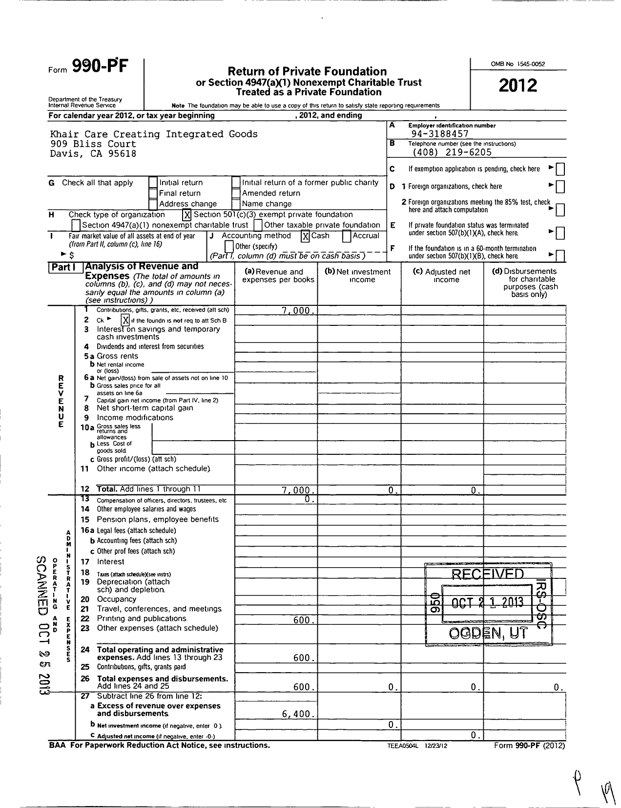 Image of first page of 2012 Form 990PF for Khair Care Creating Integrated Goods