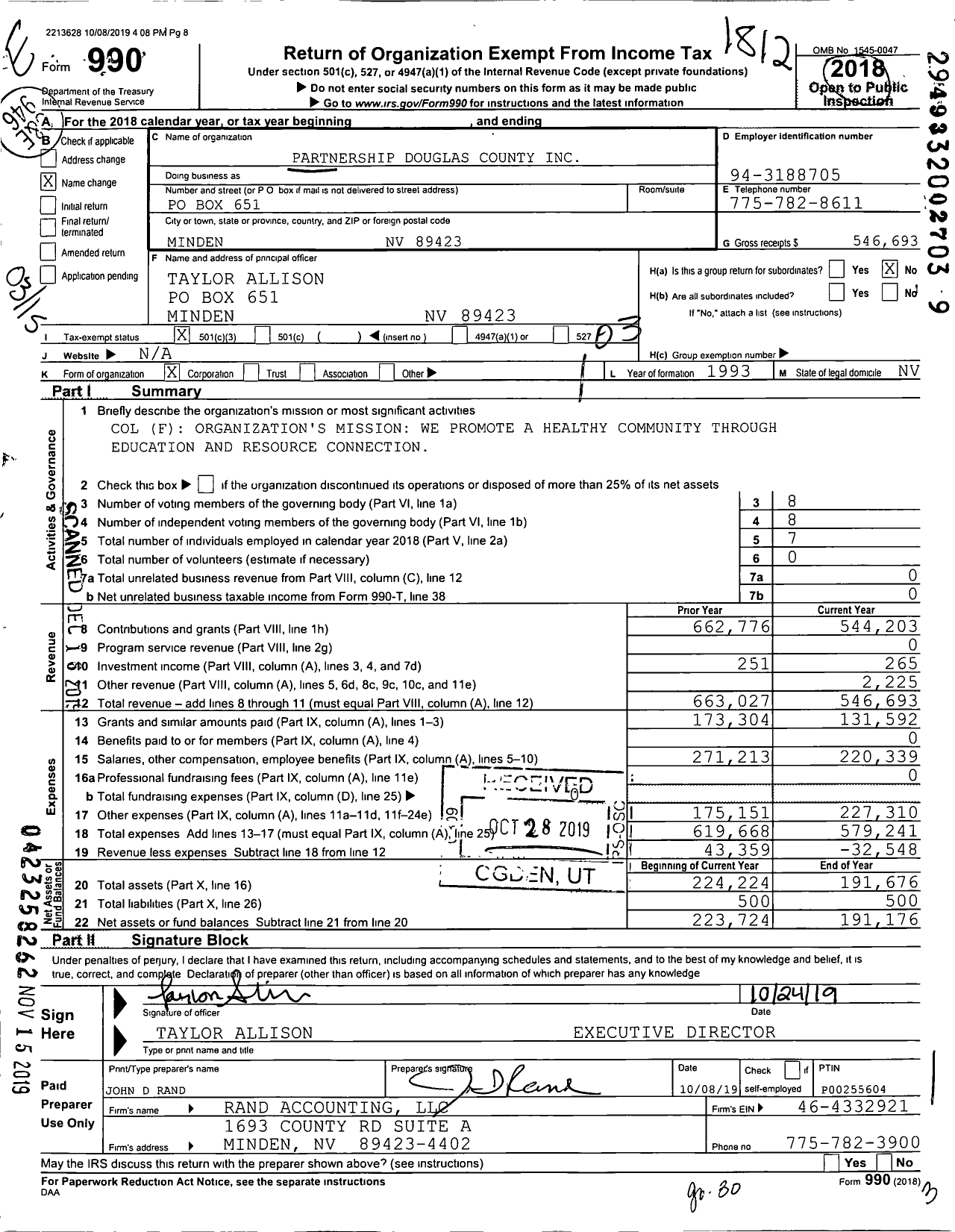 Image of first page of 2018 Form 990 for Partnership Douglas County