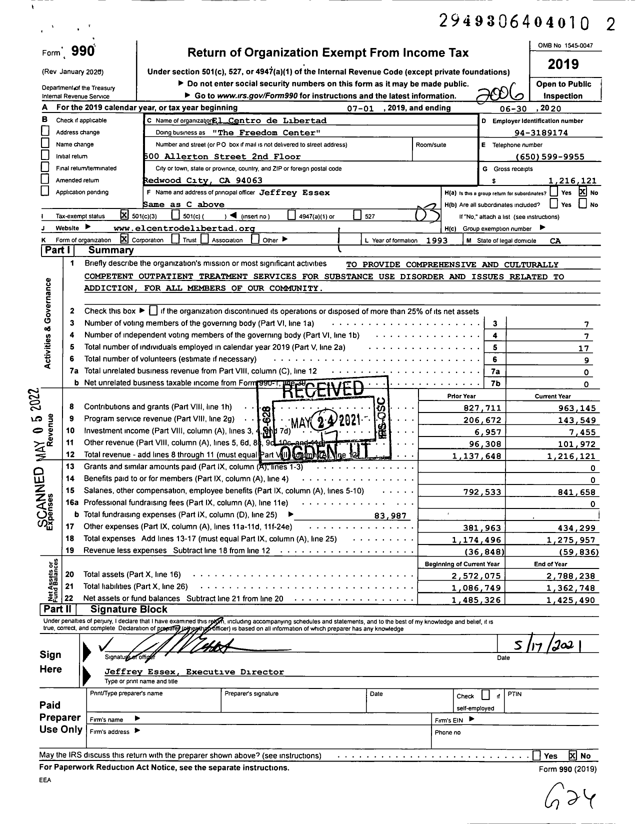 Image of first page of 2019 Form 990 for El Centro de Libertad Inc The Freedom Center