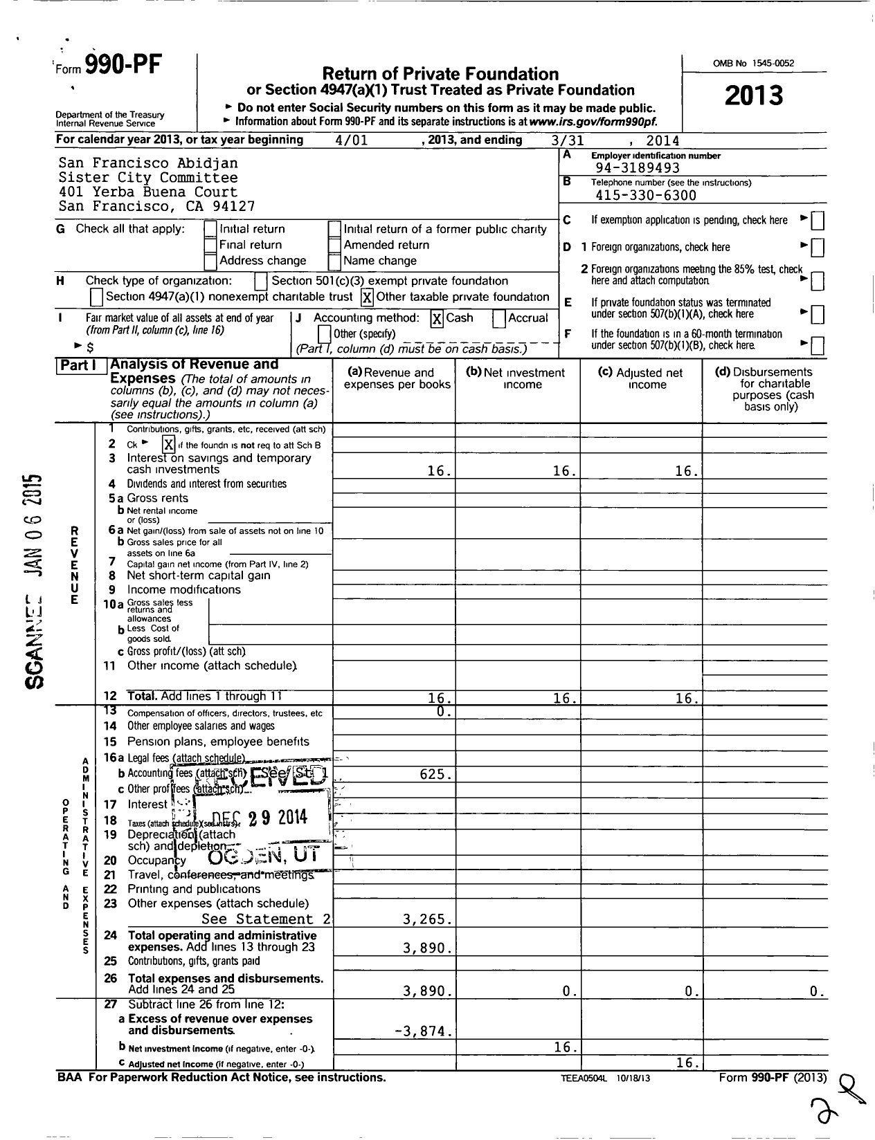 Image of first page of 2013 Form 990PF for San Francisco Abidjan Sister Committee