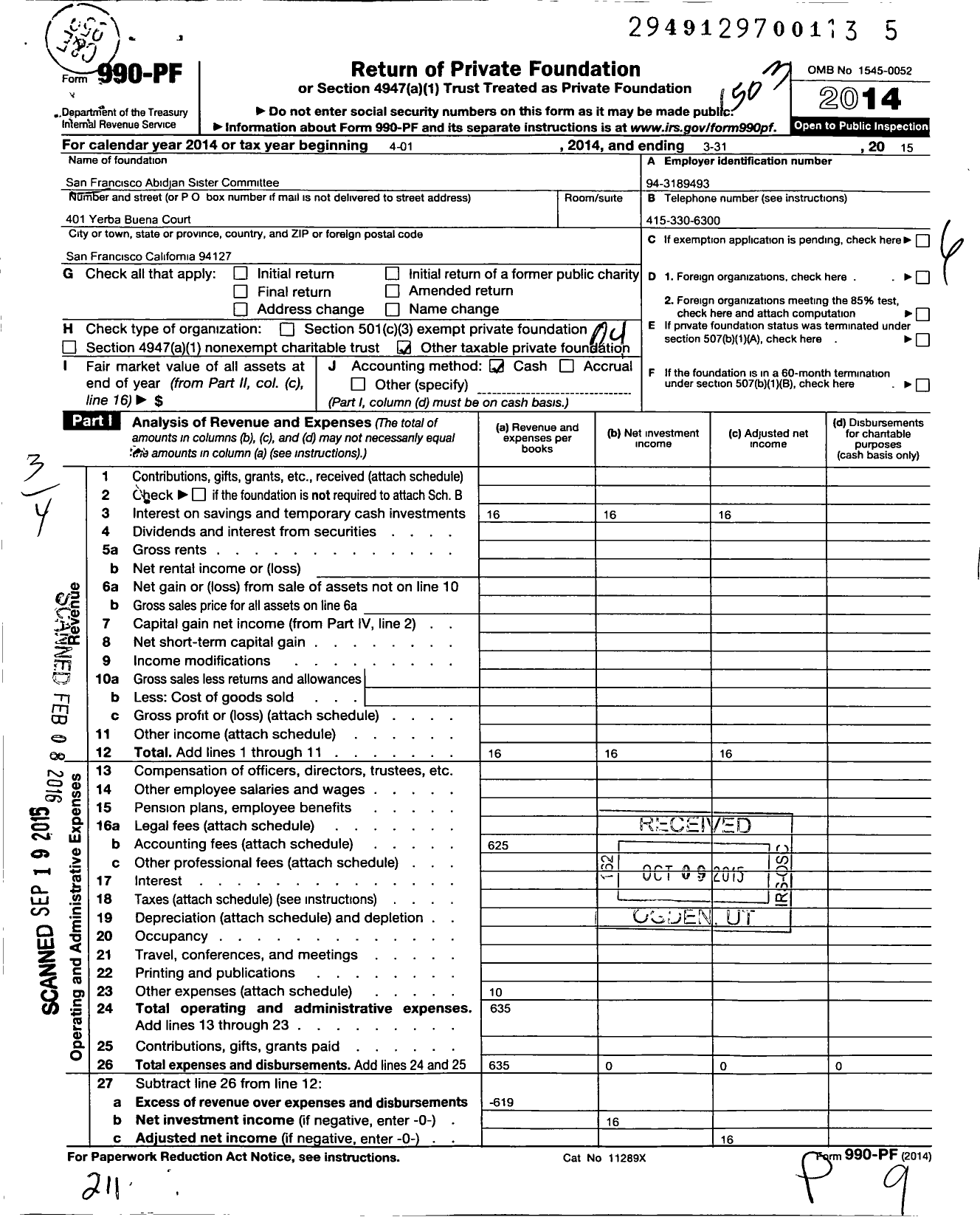 Image of first page of 2014 Form 990PF for San Francisco Abidjan Sister Committee