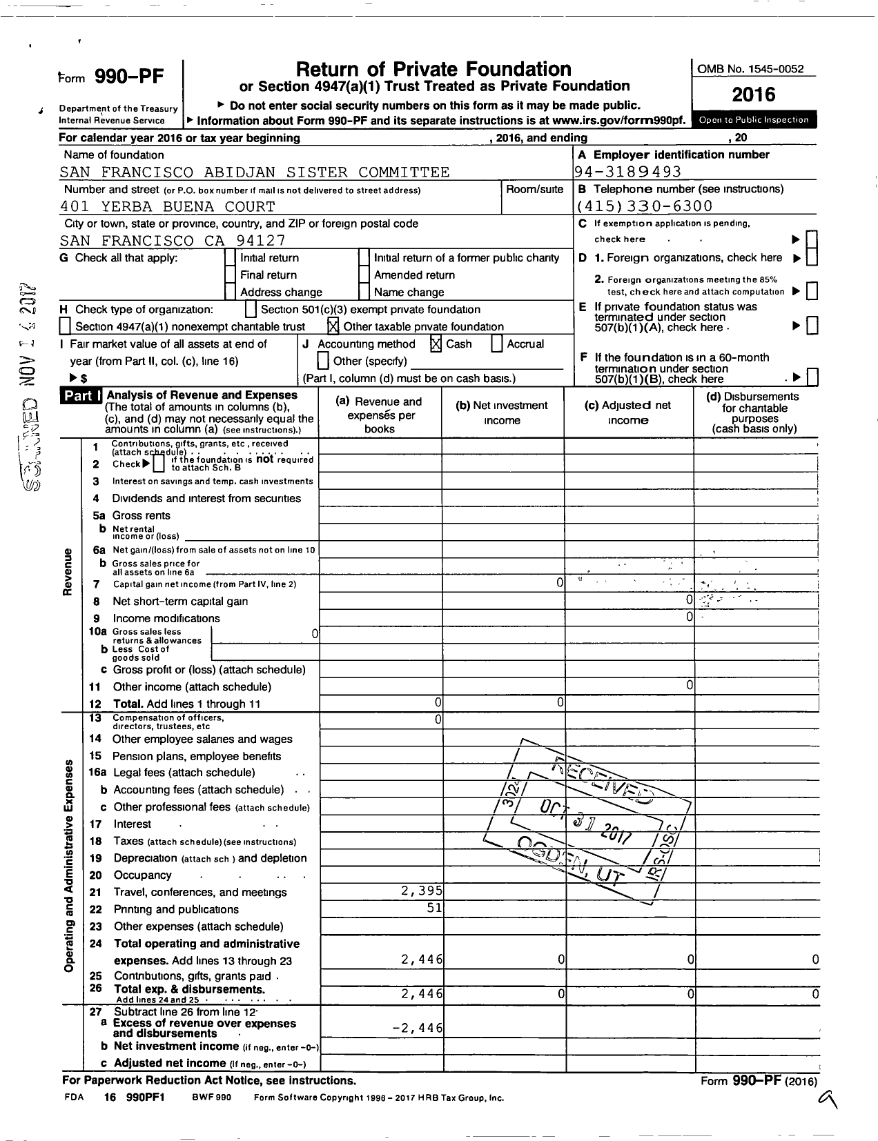 Image of first page of 2016 Form 990PF for San Francisco Abidjan Sister Committee