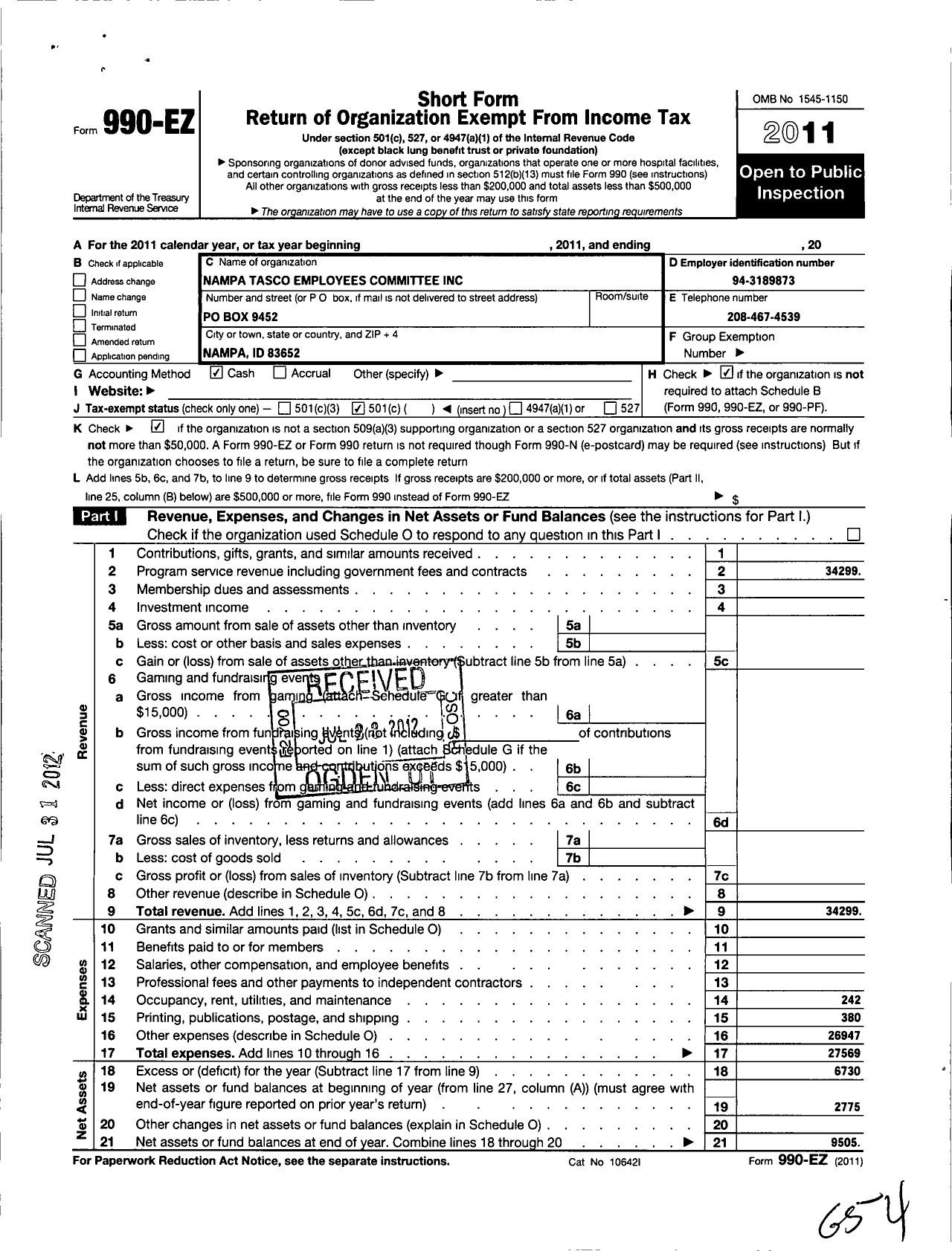 Image of first page of 2011 Form 990EO for Nampa Tasco Employees Committee