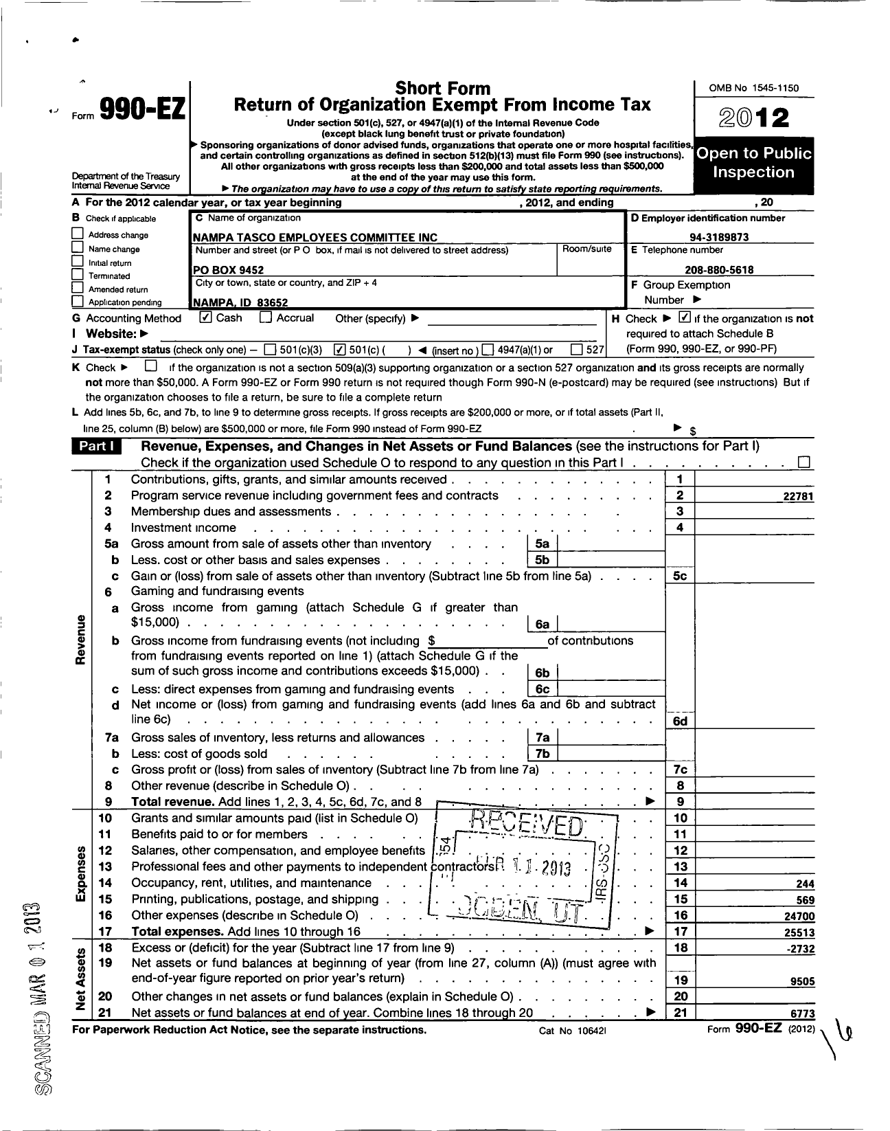 Image of first page of 2012 Form 990EO for Nampa Tasco Employees Committee