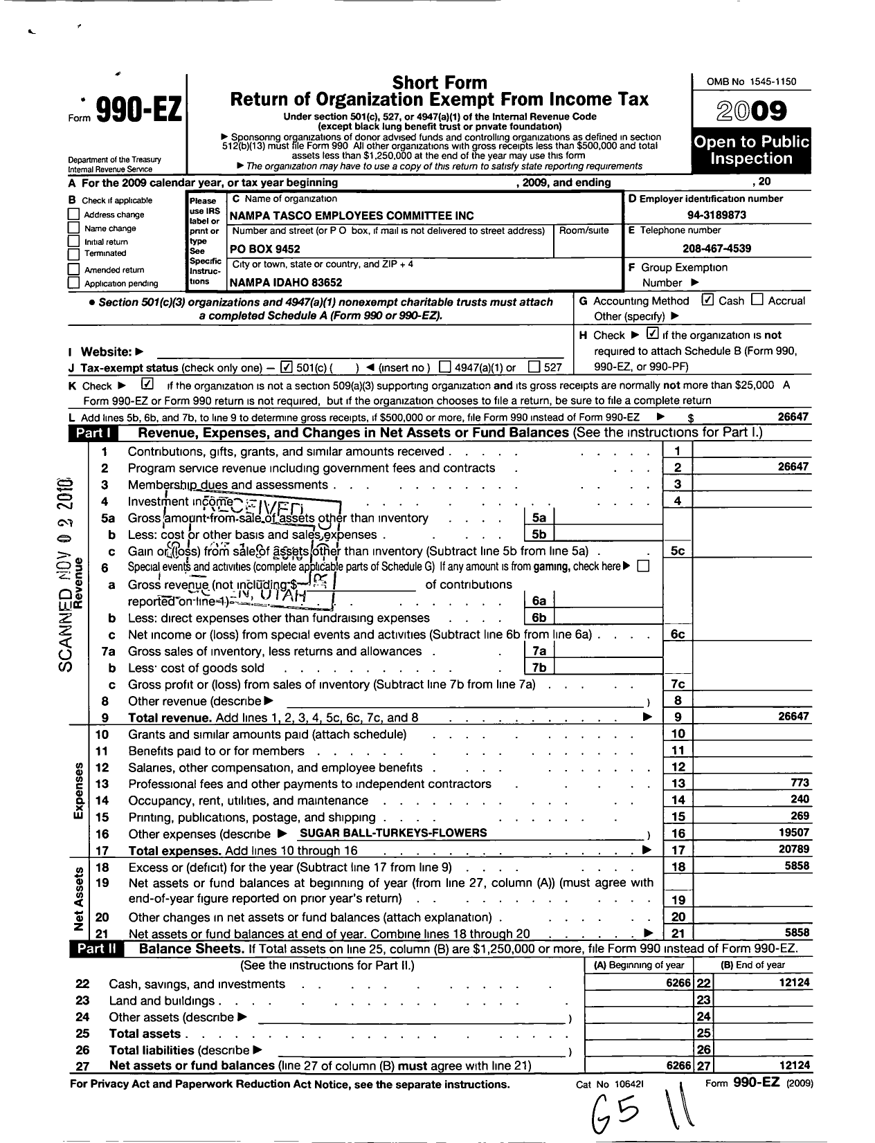 Image of first page of 2009 Form 990EO for Nampa Tasco Employees Committee