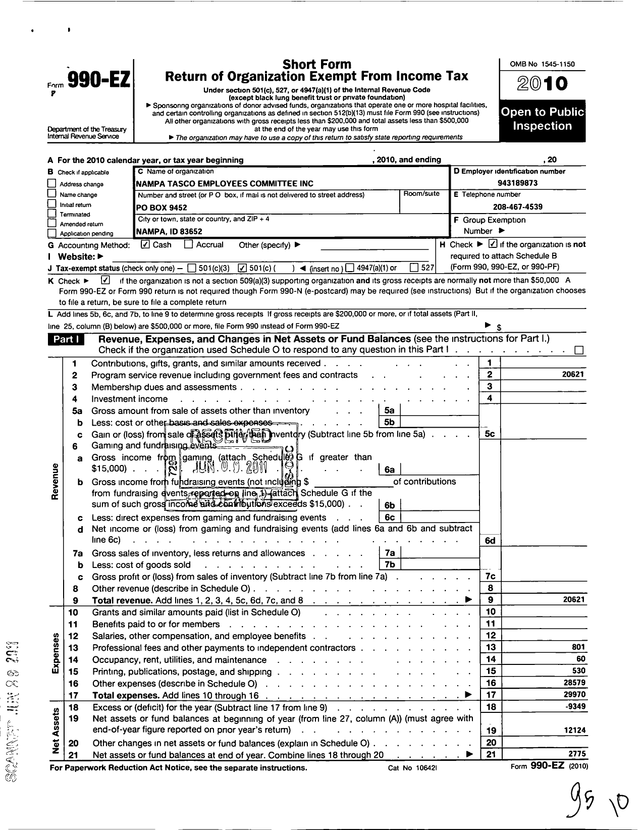 Image of first page of 2010 Form 990EO for Nampa Tasco Employees Committee