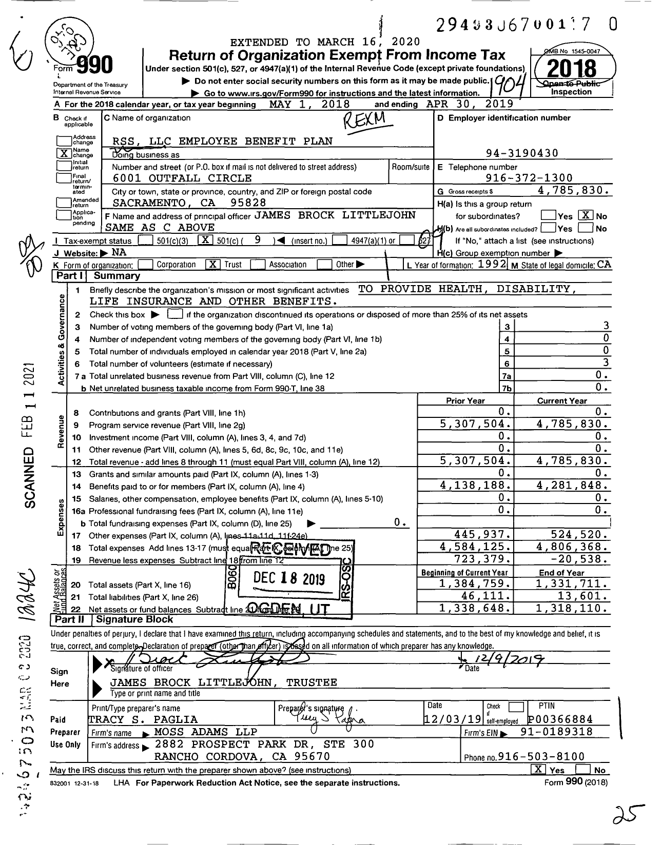 Image of first page of 2018 Form 990O for RSS LLC Employee Benefit Plan