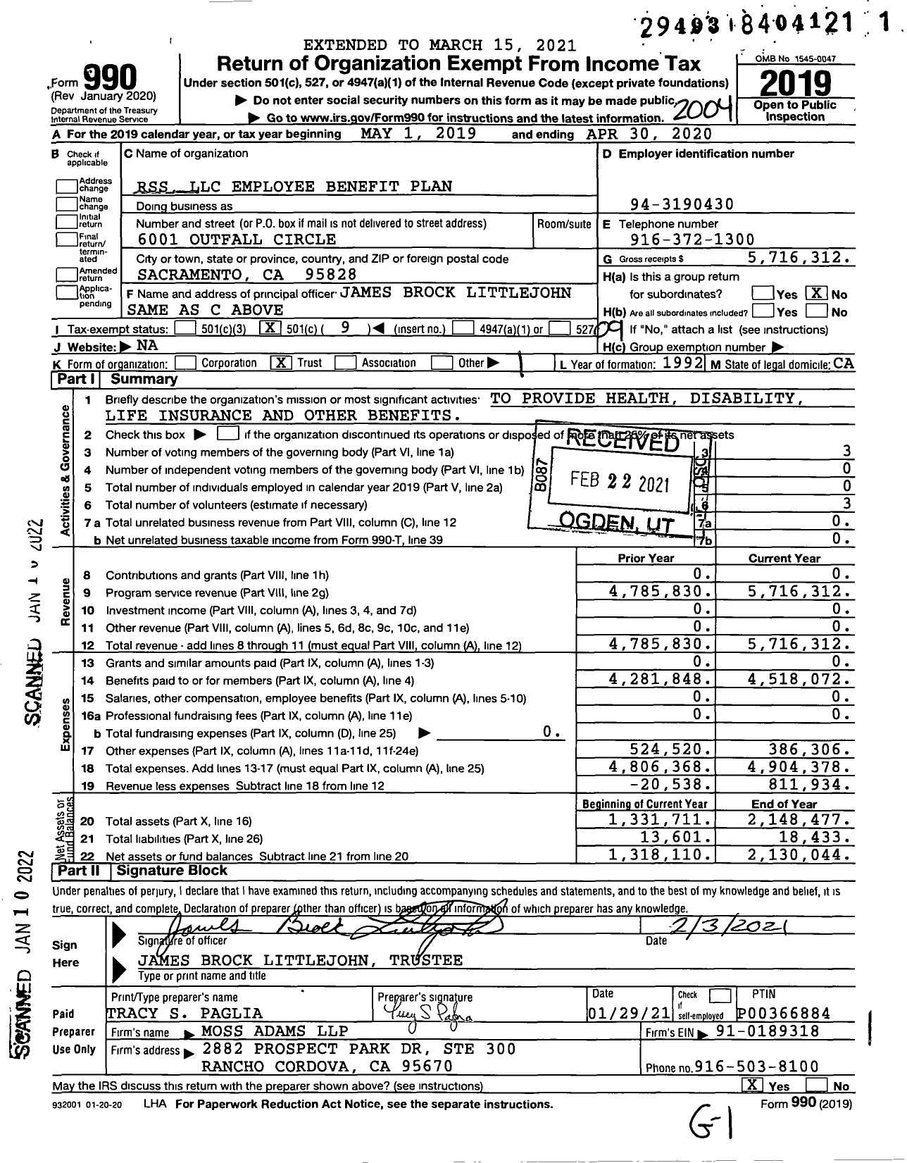 Image of first page of 2019 Form 990O for RSS LLC Employee Benefit Plan
