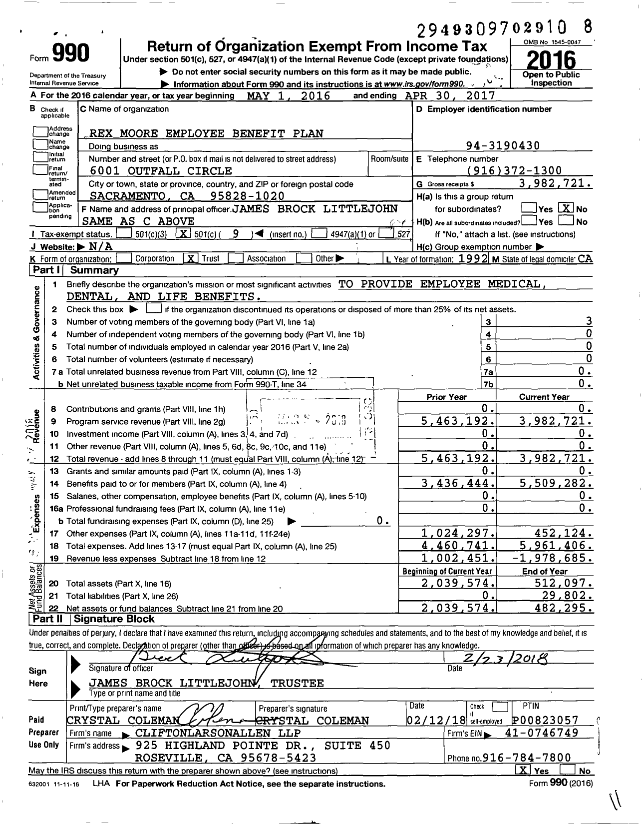 Image of first page of 2016 Form 990O for RSS LLC Employee Benefit Plan