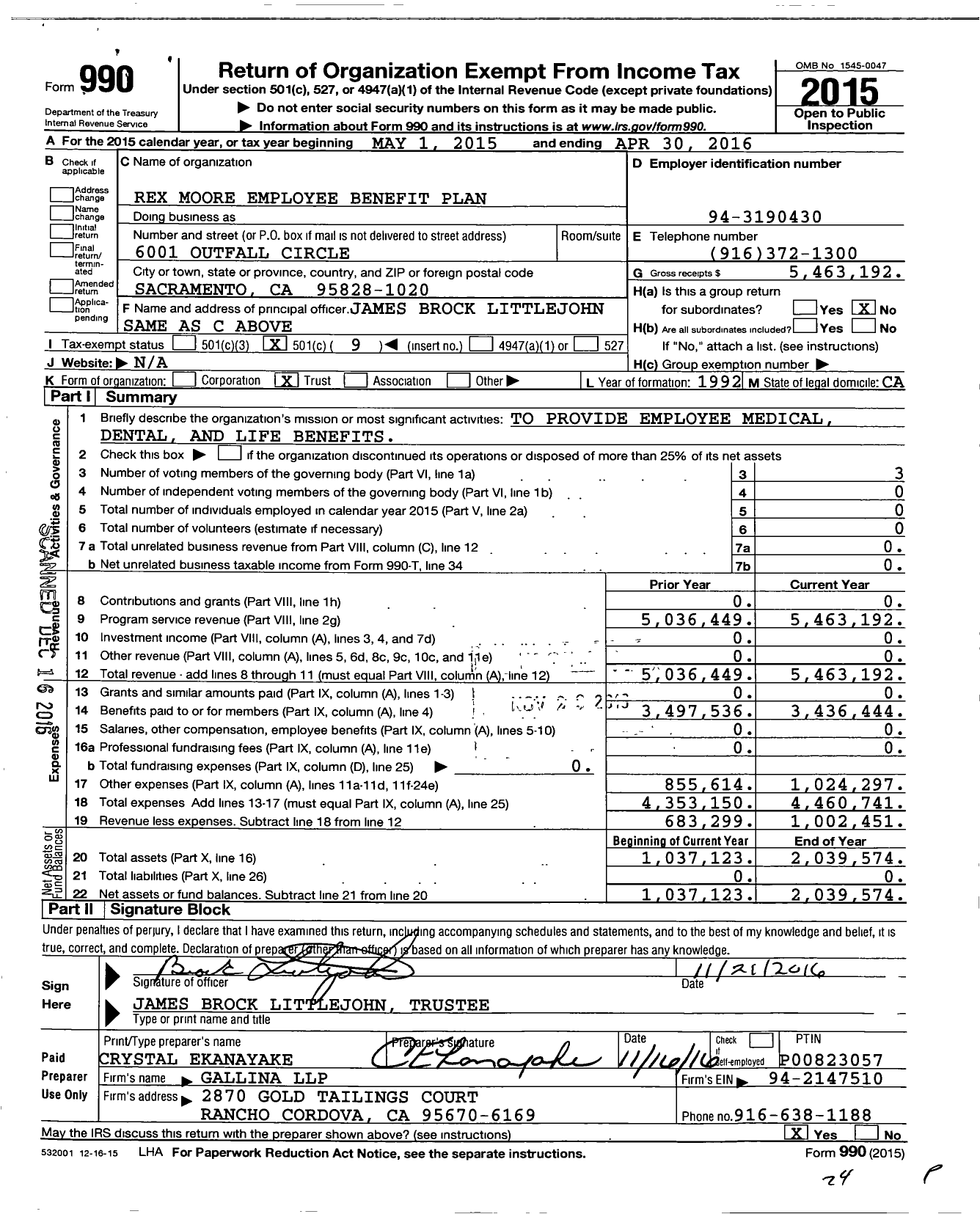 Image of first page of 2015 Form 990O for RSS LLC Employee Benefit Plan
