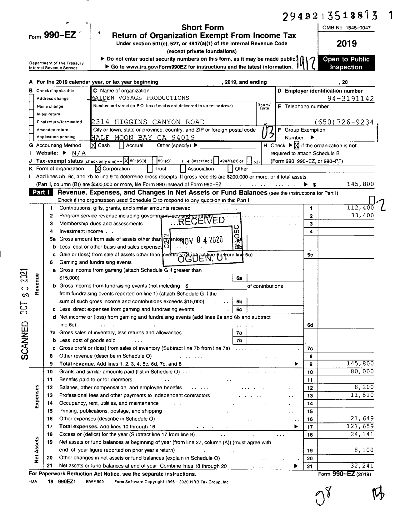 Image of first page of 2019 Form 990EZ for Maiden Voyage Productions