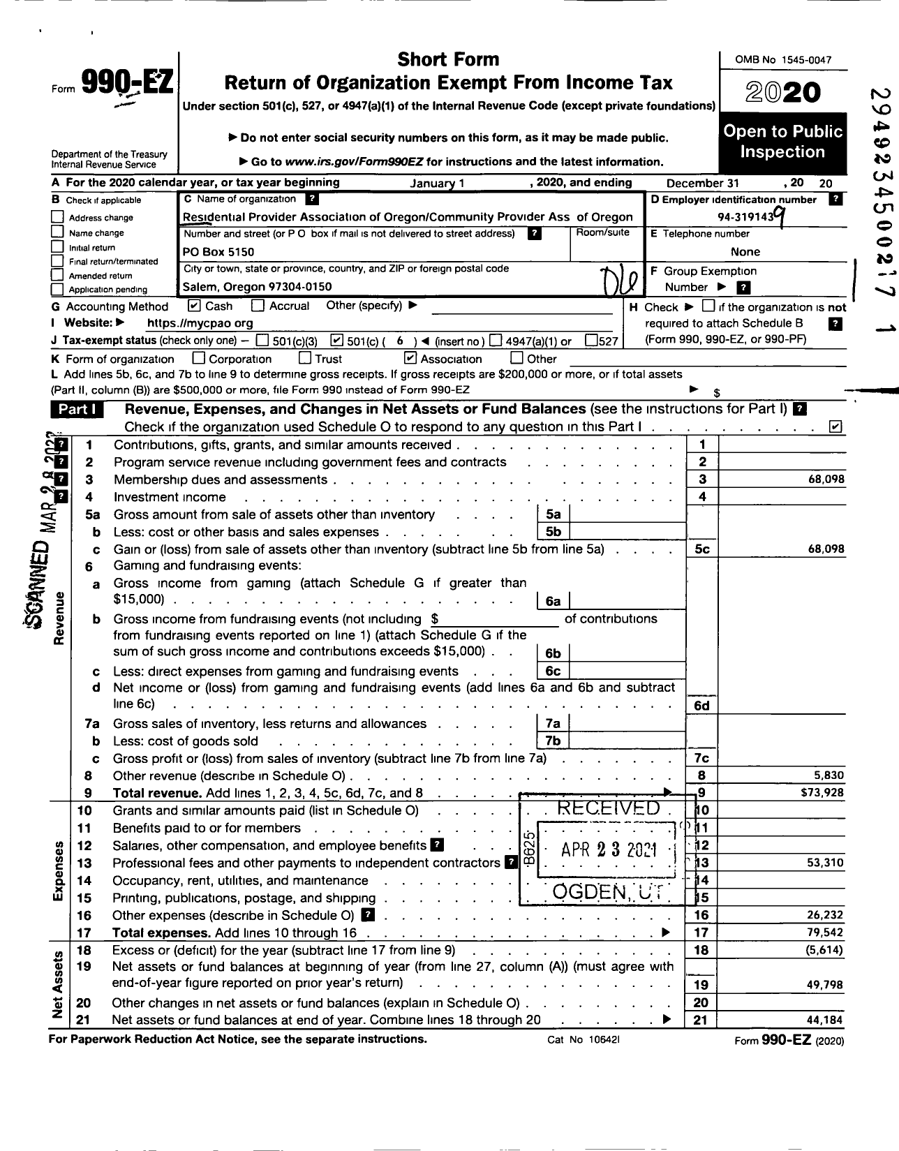 Image of first page of 2020 Form 990EO for RESIDENTIAL PROVIDERS Association of Oregon