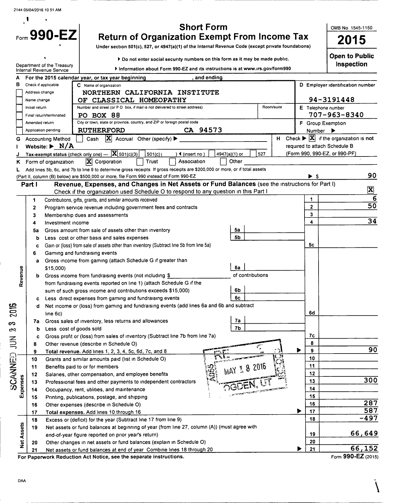 Image of first page of 2015 Form 990EZ for Northern California Institute of Classical Homeopathy