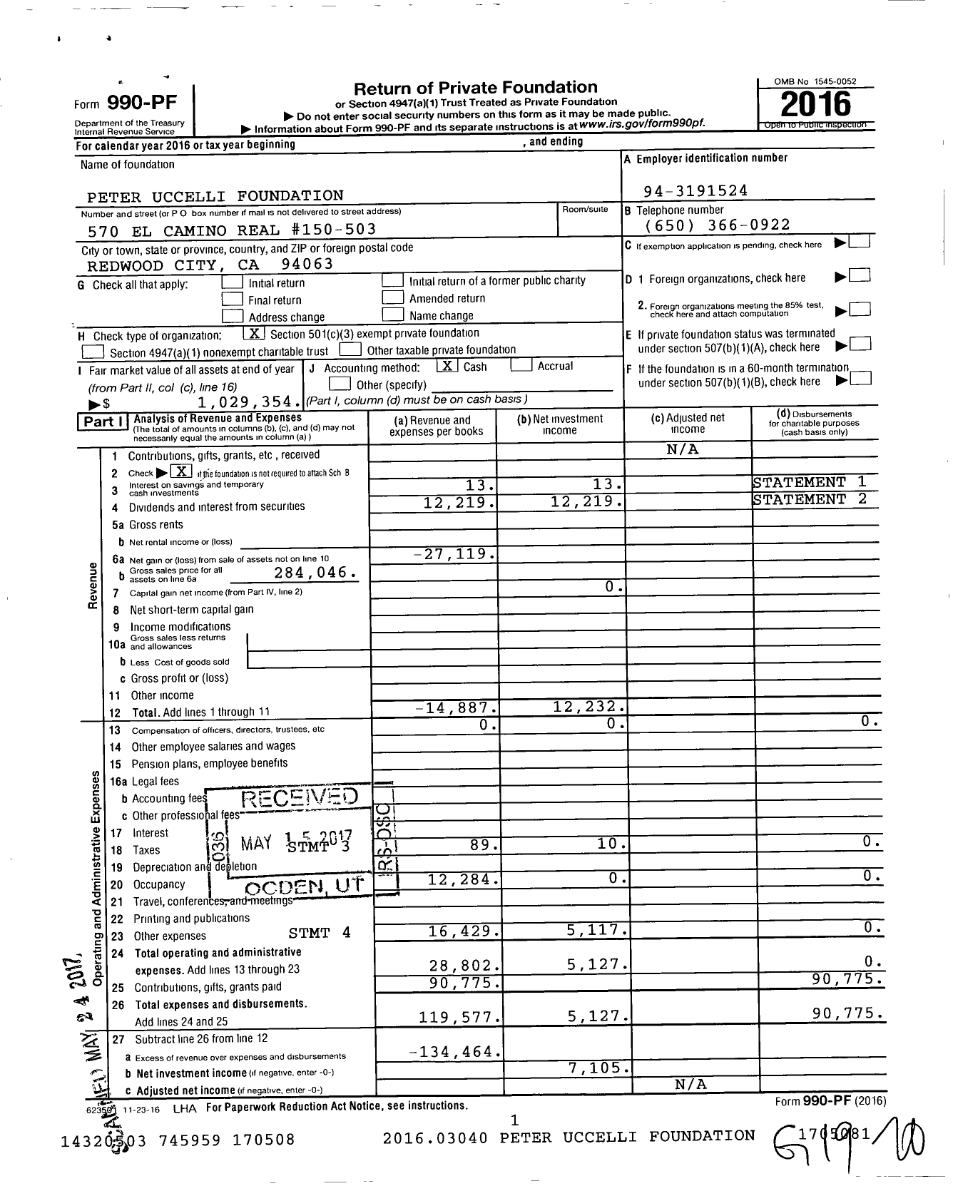 Image of first page of 2016 Form 990PF for Peter Uccelli Foundation