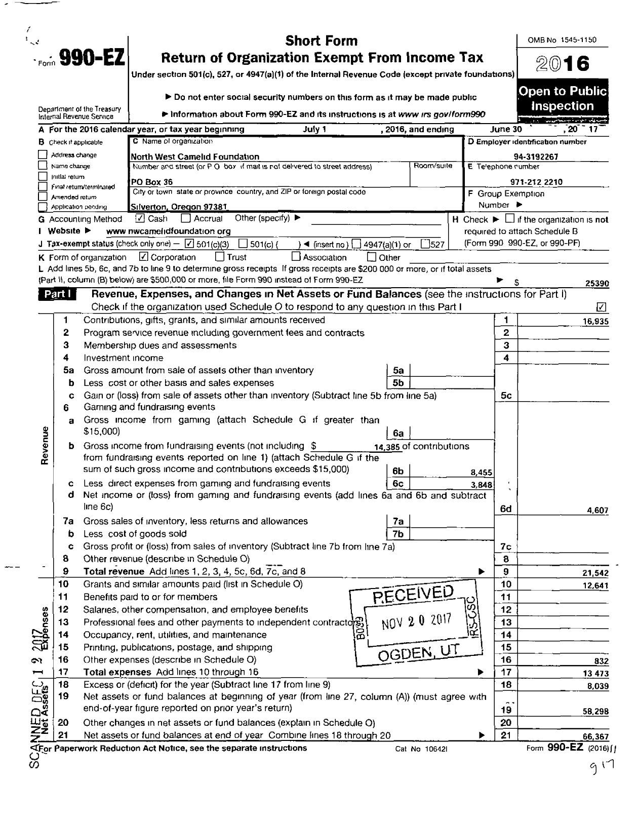 Image of first page of 2016 Form 990EZ for North West Camelid Foundation