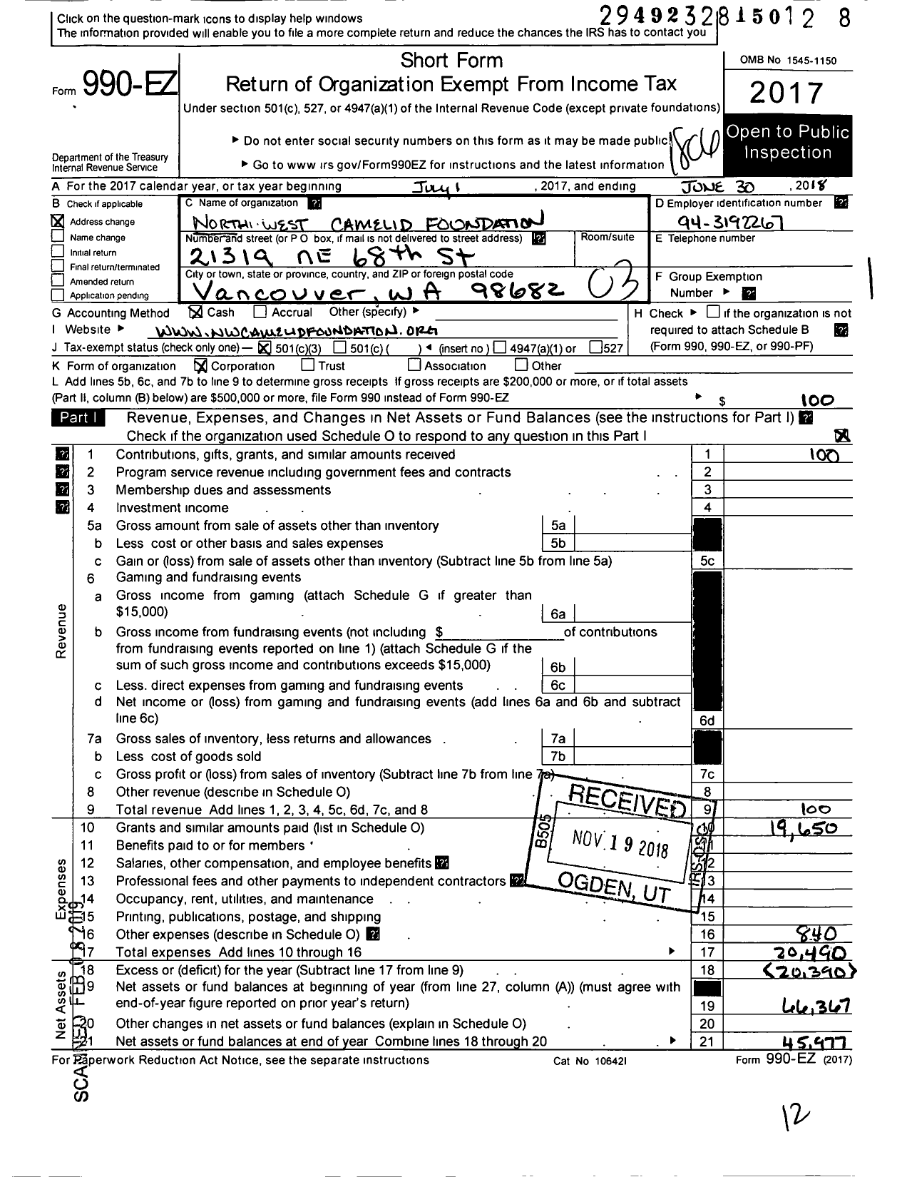 Image of first page of 2017 Form 990EZ for North West Camelid Foundation